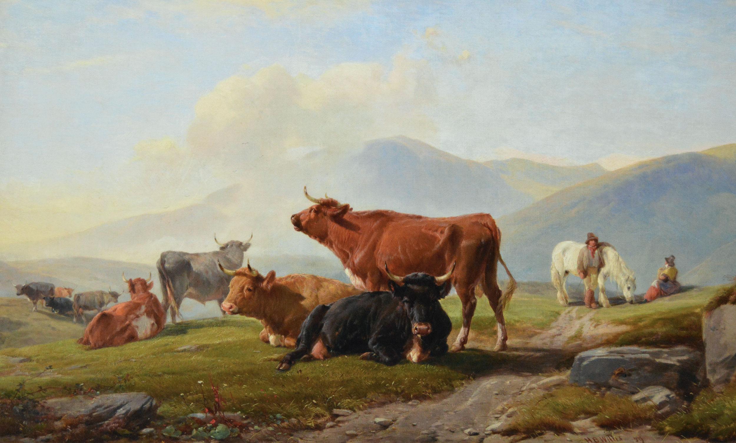 19th Century Welsh landscape animal oil painting of cattle with figures - Painting by Henry Brittan Willis