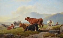 19th Century Welsh landscape animal oil painting of cattle with figures