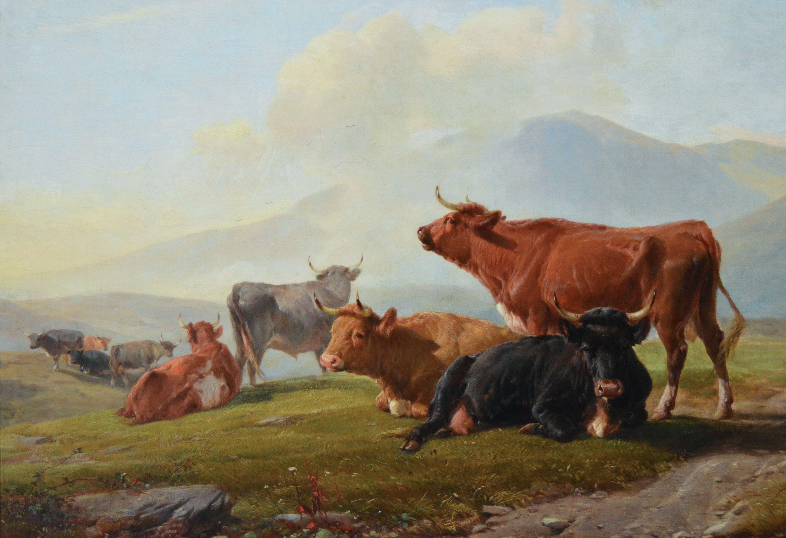 19th Century Welsh landscape animal oil painting of cattle with figures - Brown Landscape Painting by Henry Brittan Willis