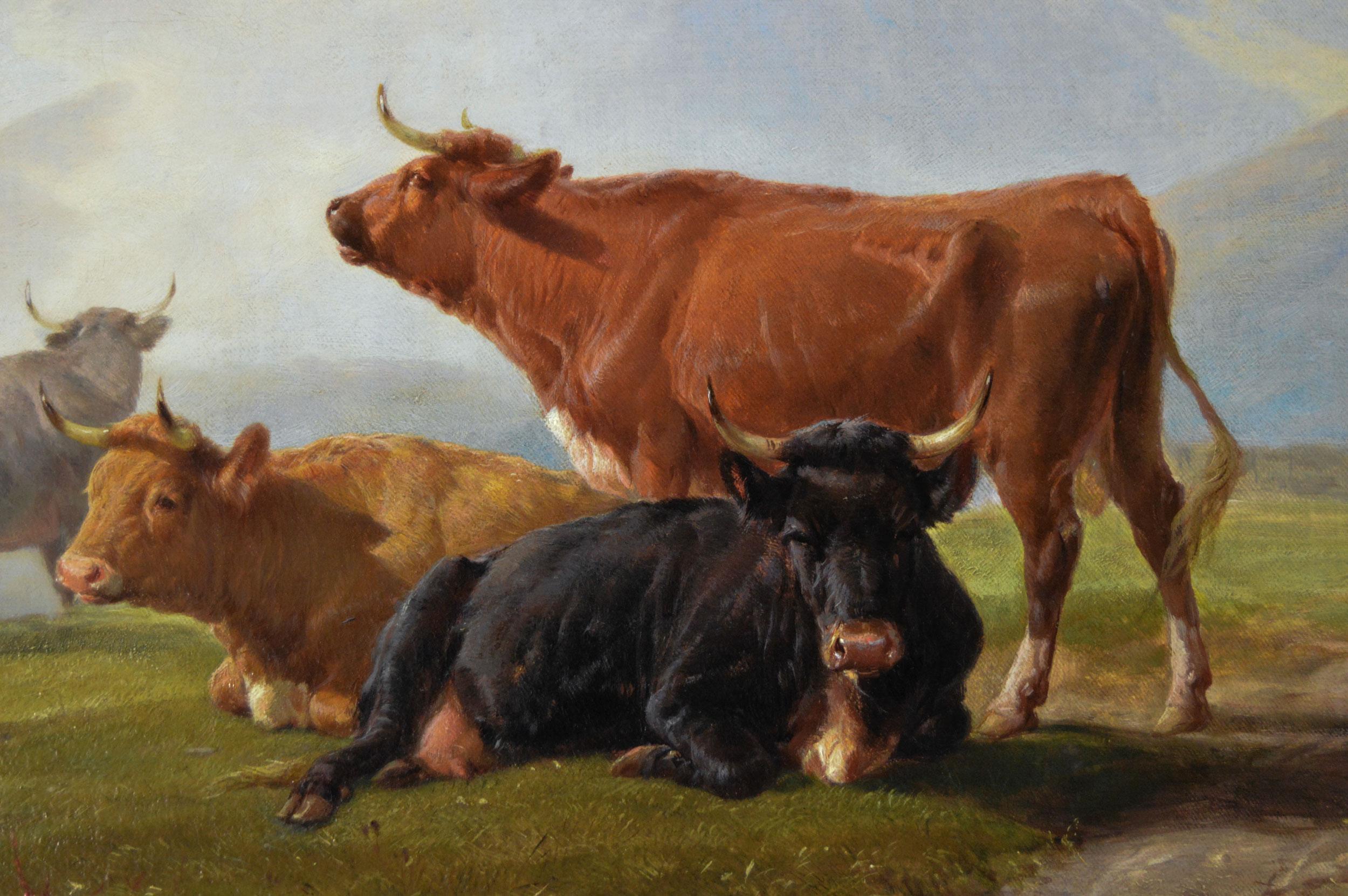 Henry Brittan Willis
British, (1810-1884)
Midday Rest
Oil on canvas, signed & dated (18)59
Image size: 18.5 inches x 31 inches 
Size including frame: 26.25 inches x 38.75 inches

A beautifully painted landscape scene of cattle and figures near a