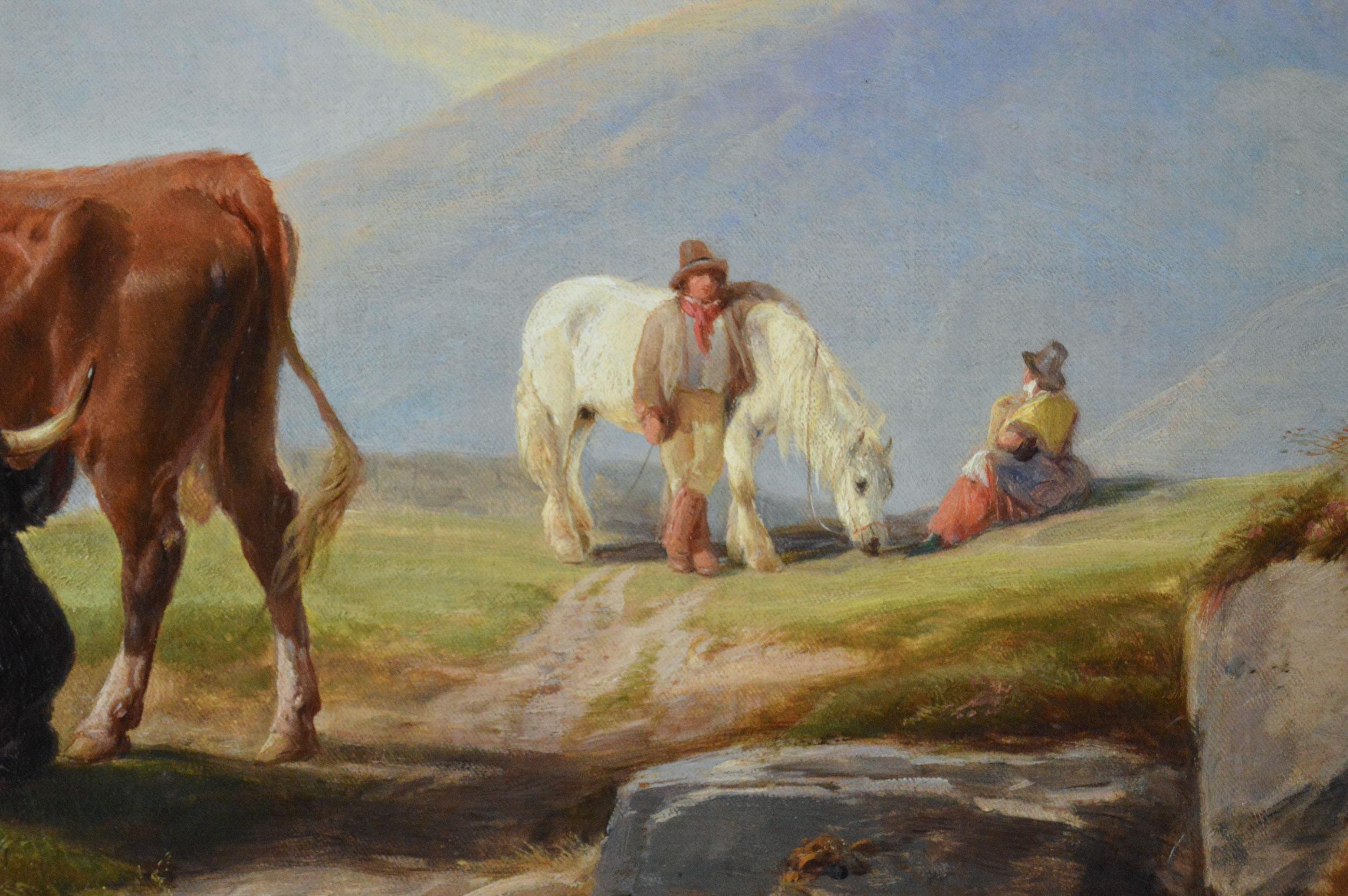 19th Century Welsh landscape animal oil painting of cattle with figures For Sale 1