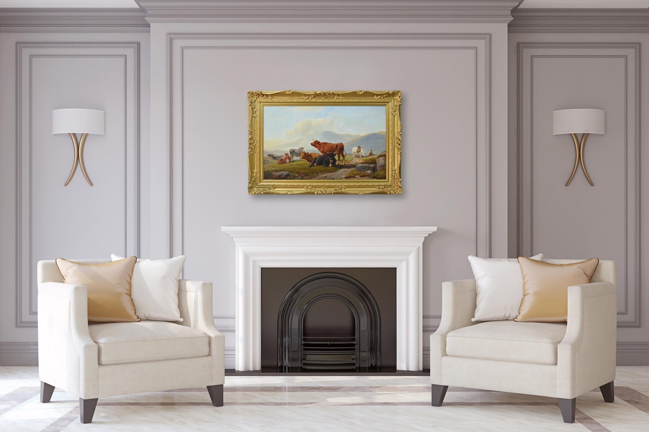 19th Century Welsh landscape animal oil painting of cattle with figures For Sale 3