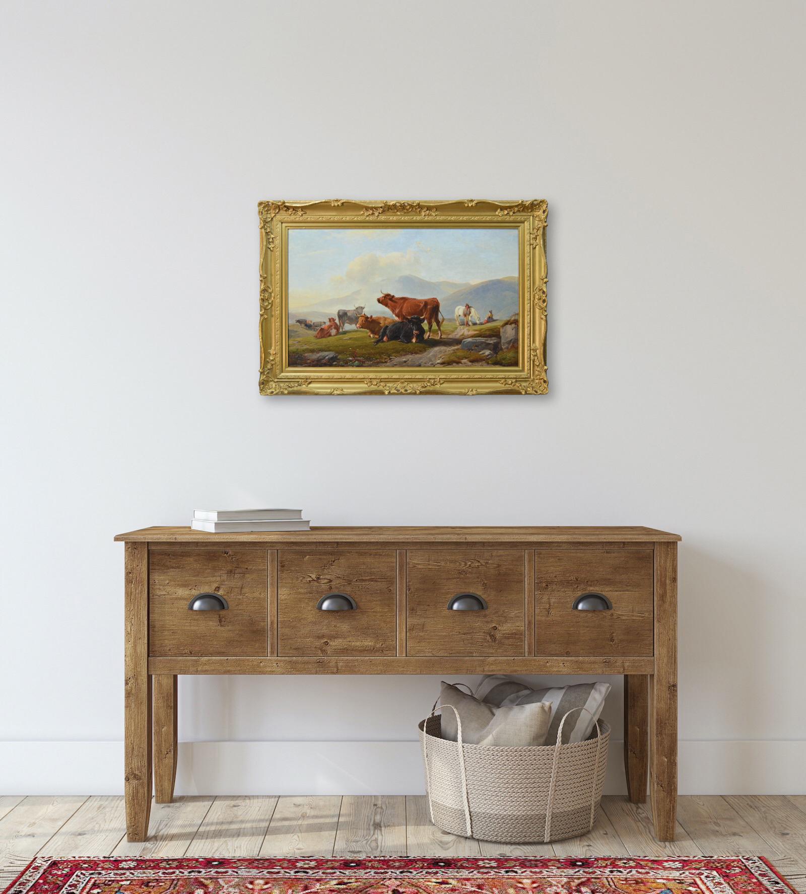 19th Century Welsh landscape animal oil painting of cattle with figures For Sale 4