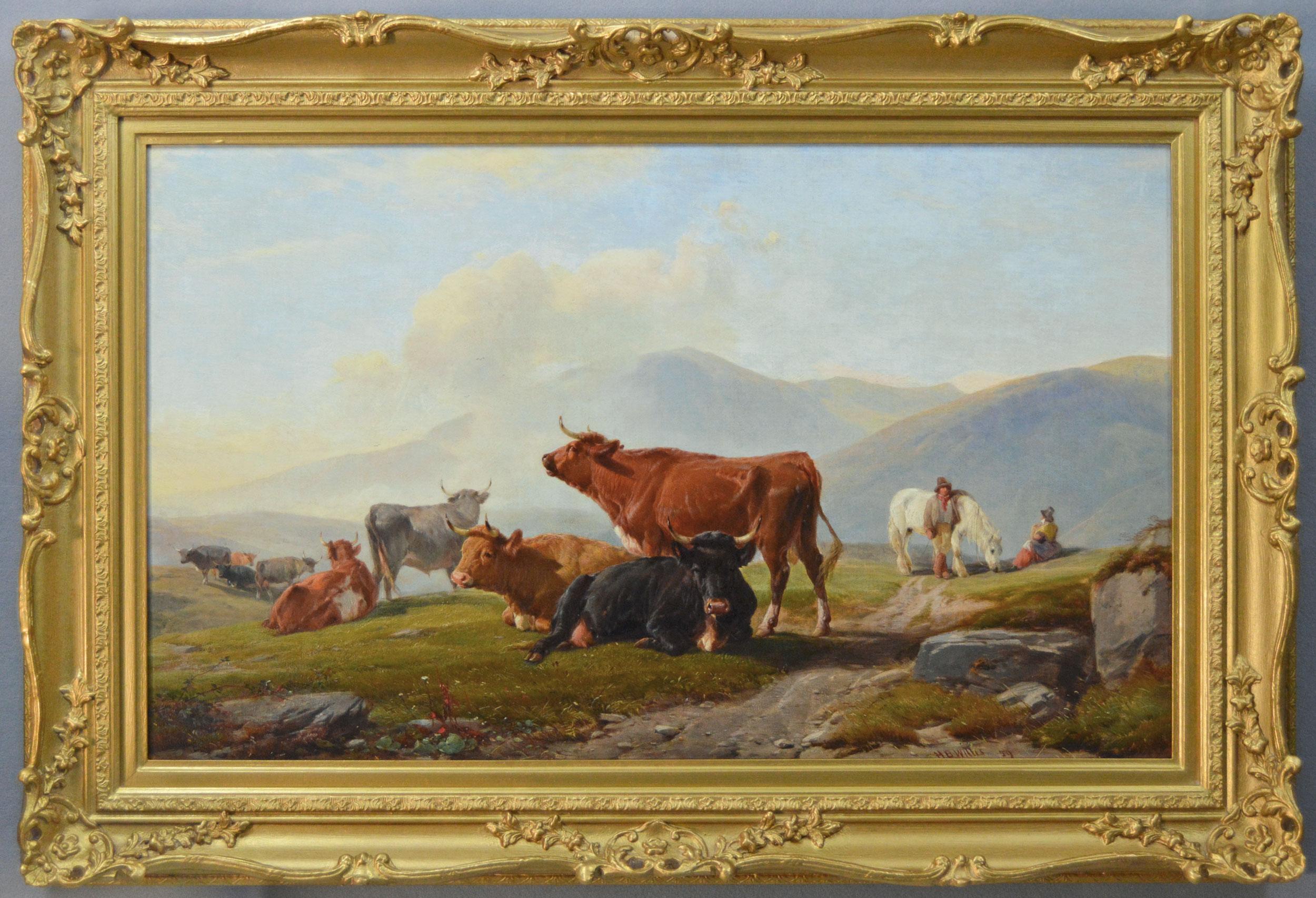Henry Brittan Willis Landscape Painting - 19th Century Welsh landscape animal oil painting of cattle with figures