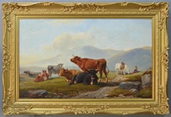 19th Century Welsh landscape animal oil painting of cattle with figures