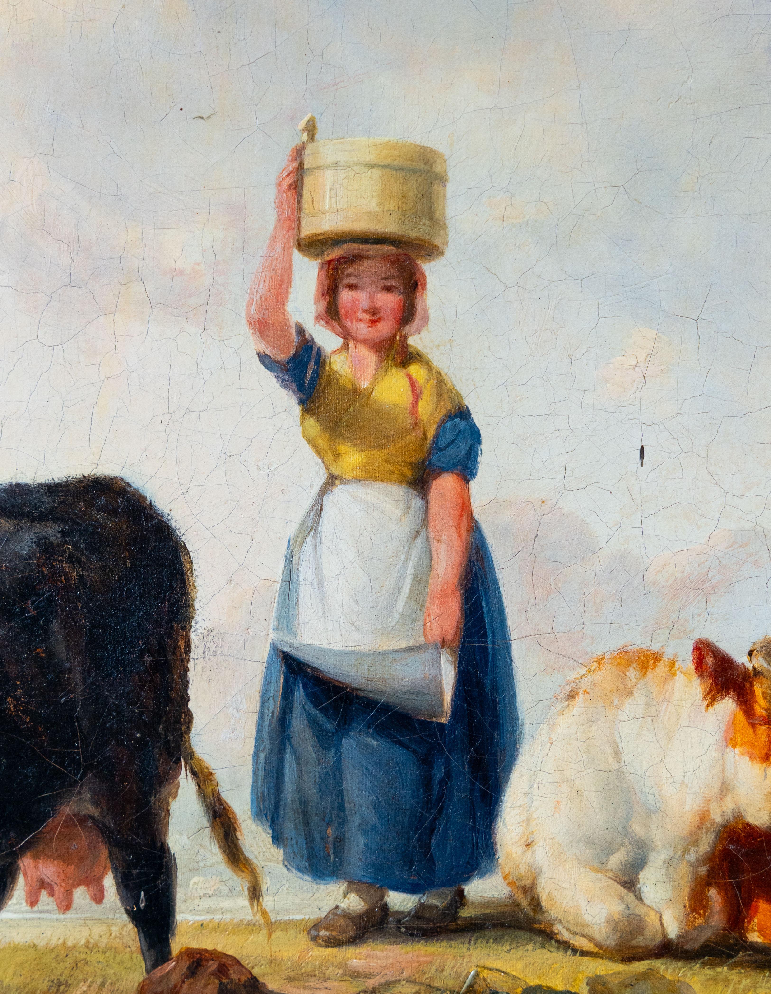 A Milkmaid and cows - Romantic Painting by Henry Brittan Willis