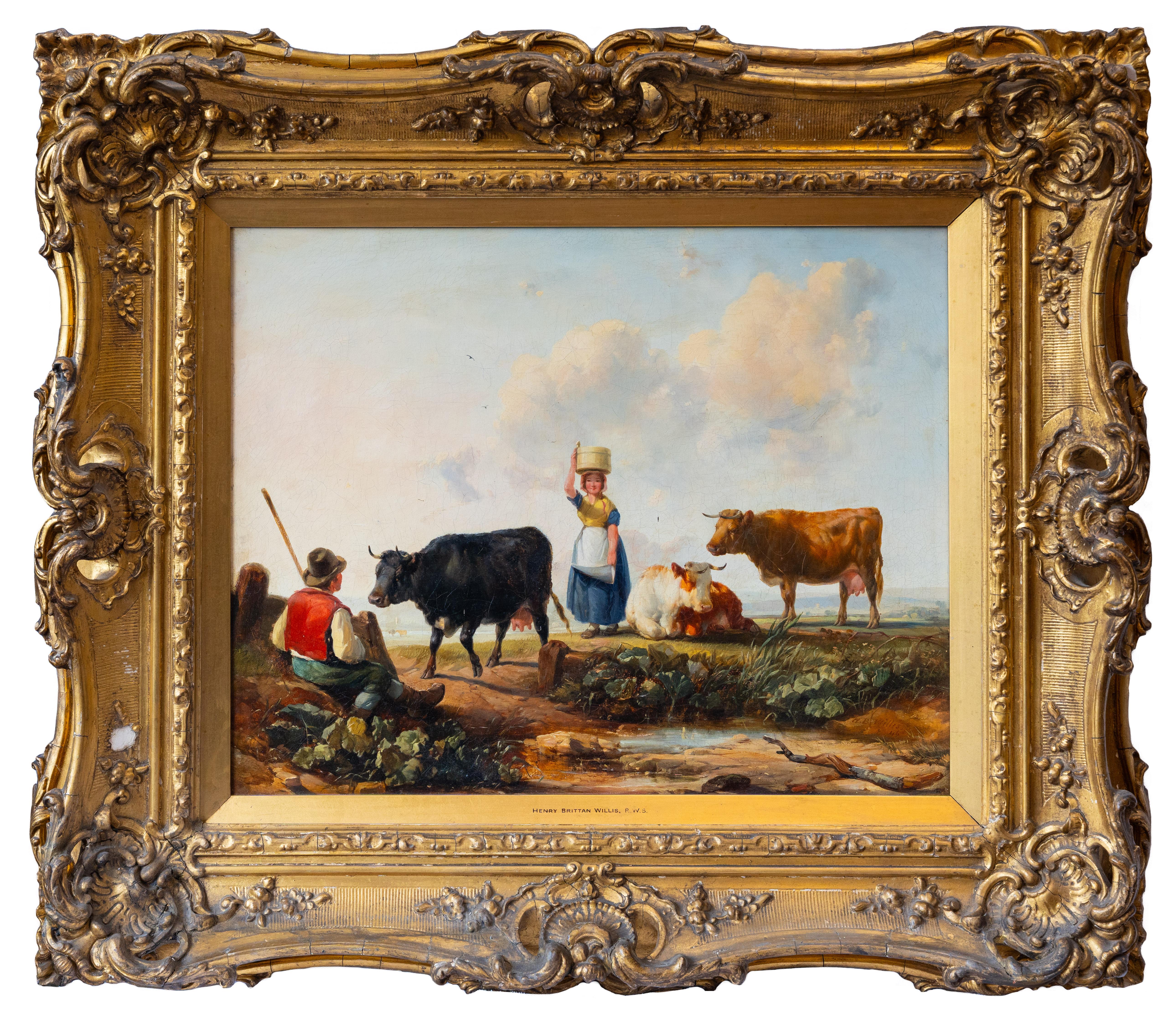 Henry Brittan Willis Figurative Painting - A Milkmaid and cows