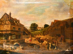 Large Victorian English Oil Painting Busy Village Farm Yard with Animals