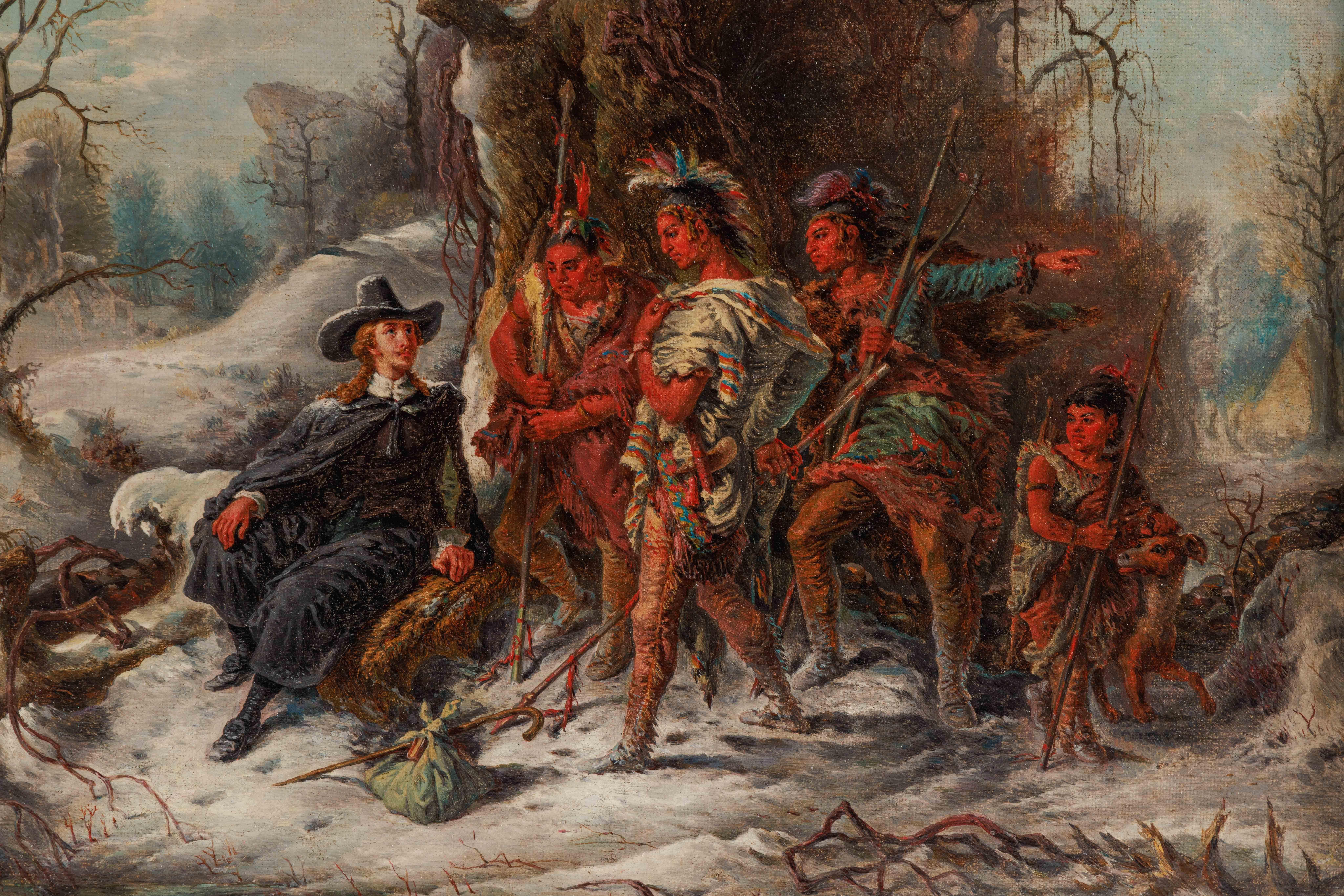 Henry Brueckner Figurative Painting - A Rare Oil Painting Of Roger Williams And The Pequot Tribe, C. 1860