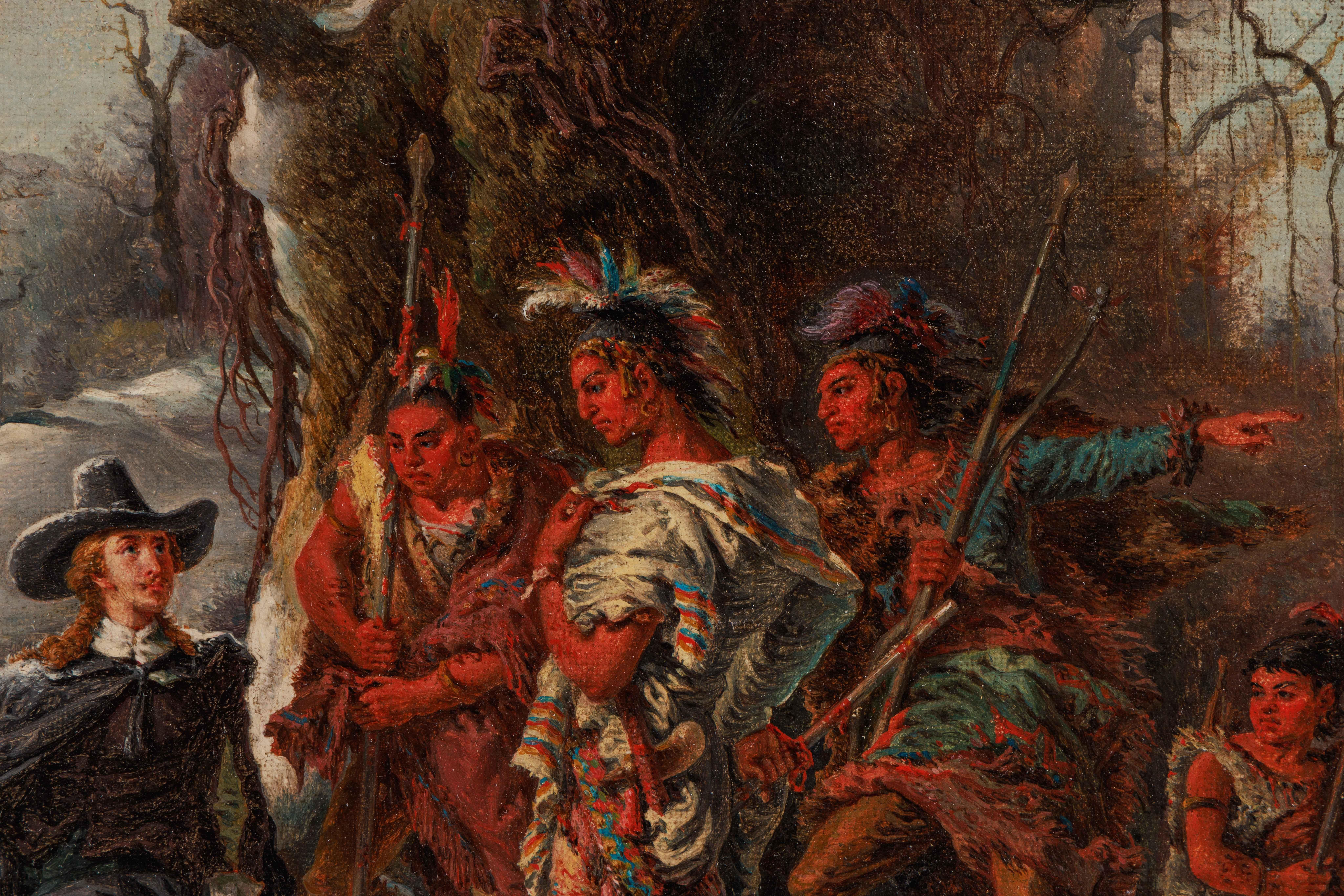 A Rare Oil Painting Of Roger Williams And The Pequot Tribe, C. 1860 1