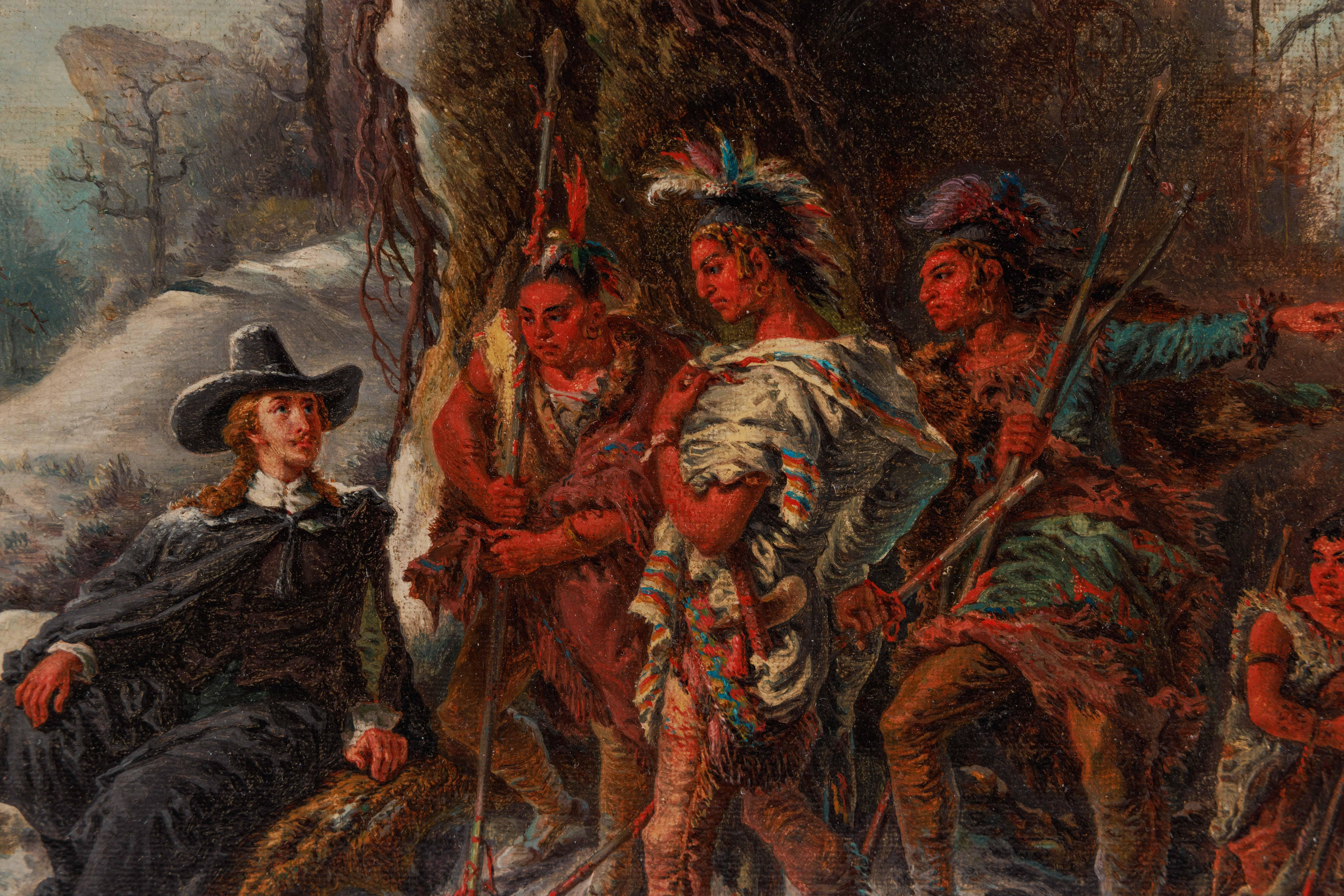 A Rare Oil Painting Of Roger Williams And The Pequot Tribe, C. 1860 4