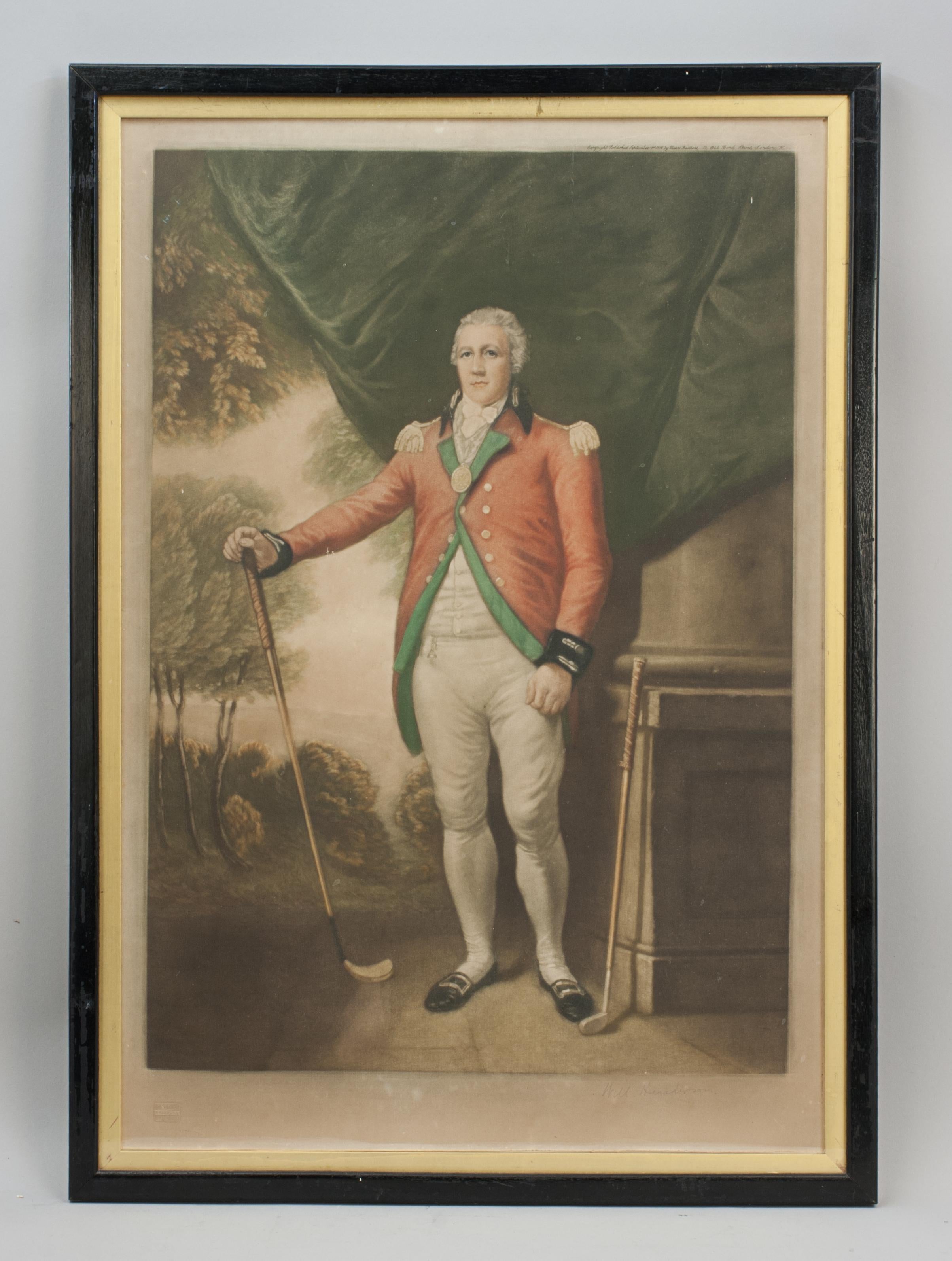 Golf Picture, Henry Callender ESQ.
Framed golf mezzotint of 'Henry Callender Esq' (Captain of the society of Golfers at Blackheath) after a painting by Lemuel Francis Abbott (1760 - 1803). The colourful print signed in pencil by the engraver Will