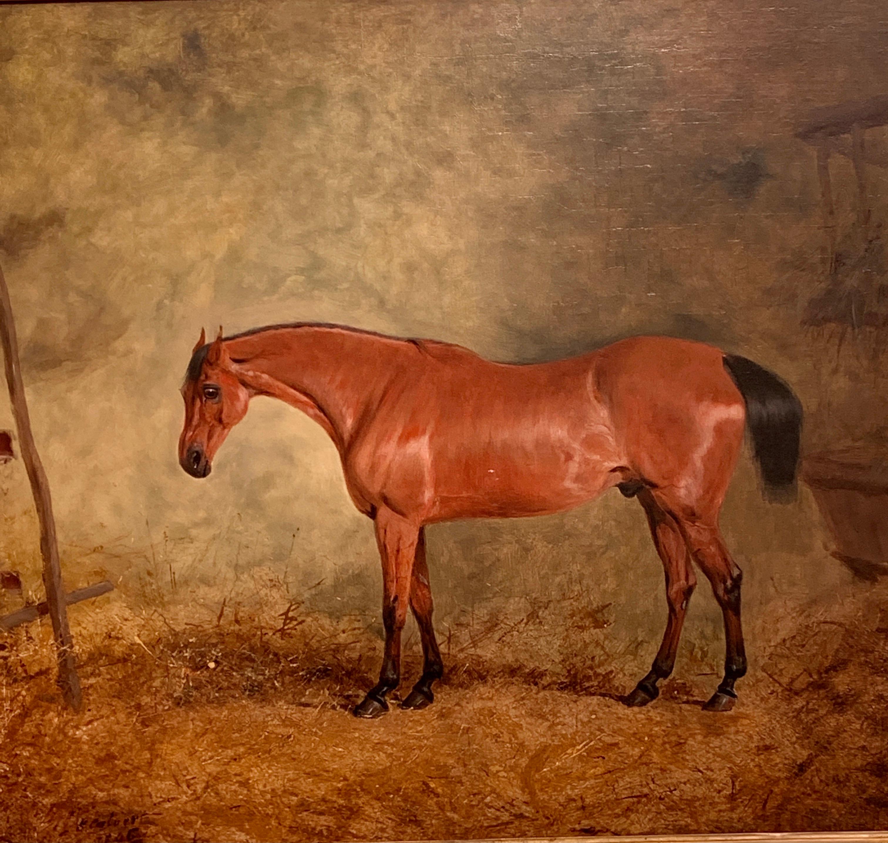 19th Century English Antique Bay Hunter horse in a stable, called Business  - Painting by Henry Calvert