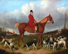 19th century English, huntsman on his horse with fox hounds in a landscape