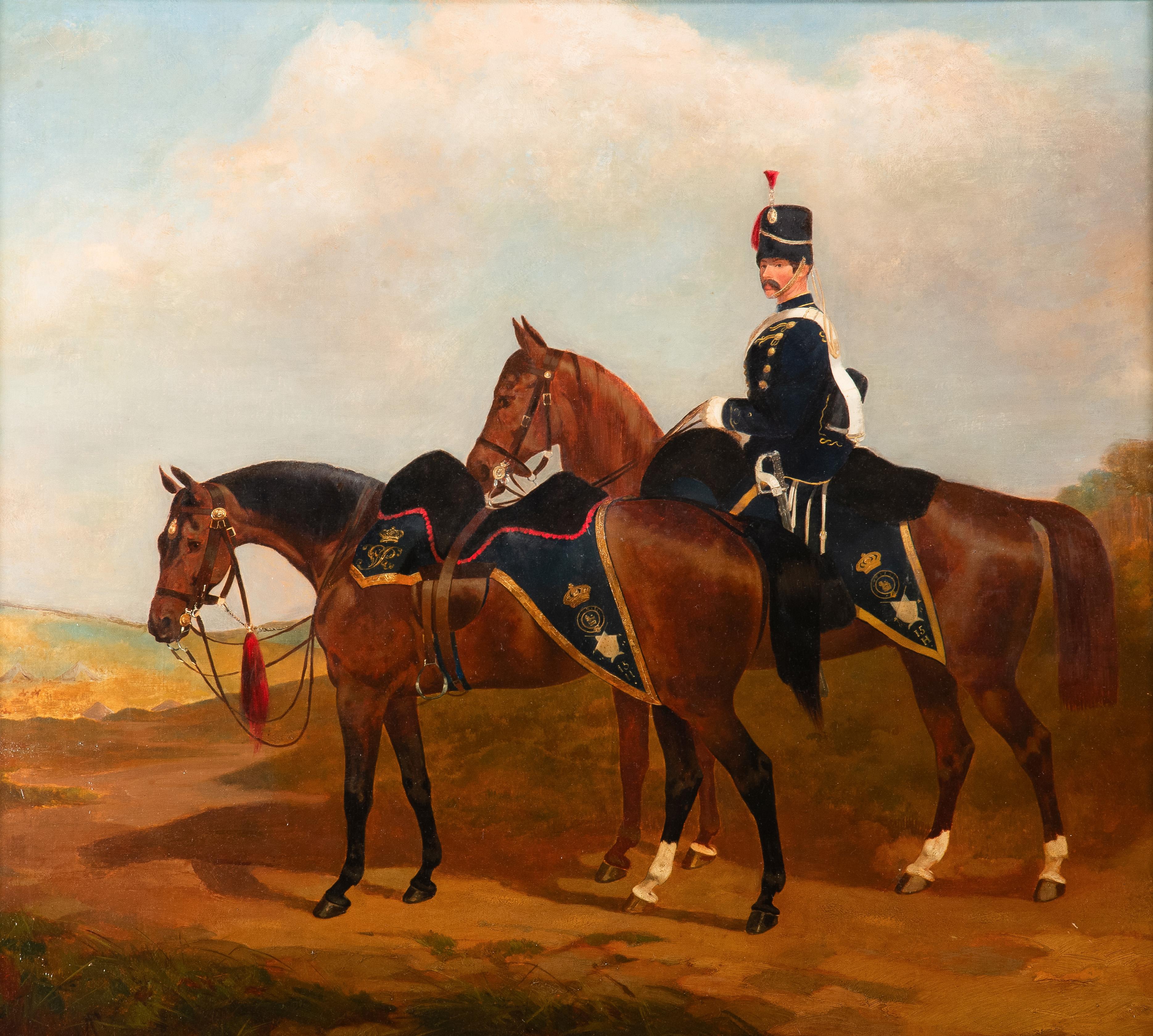 The 15th (The King's) Hussars: two chargers, one with an officer up, in a landsc - Painting by Henry Calvert