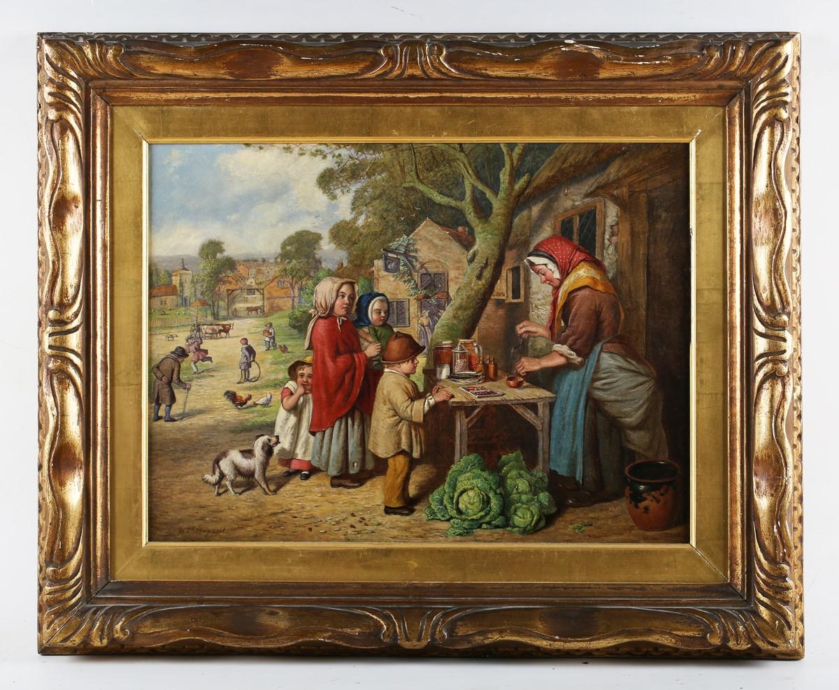 A charming scene of children at a sweet stall/fair by the talented artist Henry Charles Bryant
19th century oil on canvas, signed 
The overall size being 55 x 46 cm  whilst the painting is 29.5cm x 40cm,
housed within a gilt composition