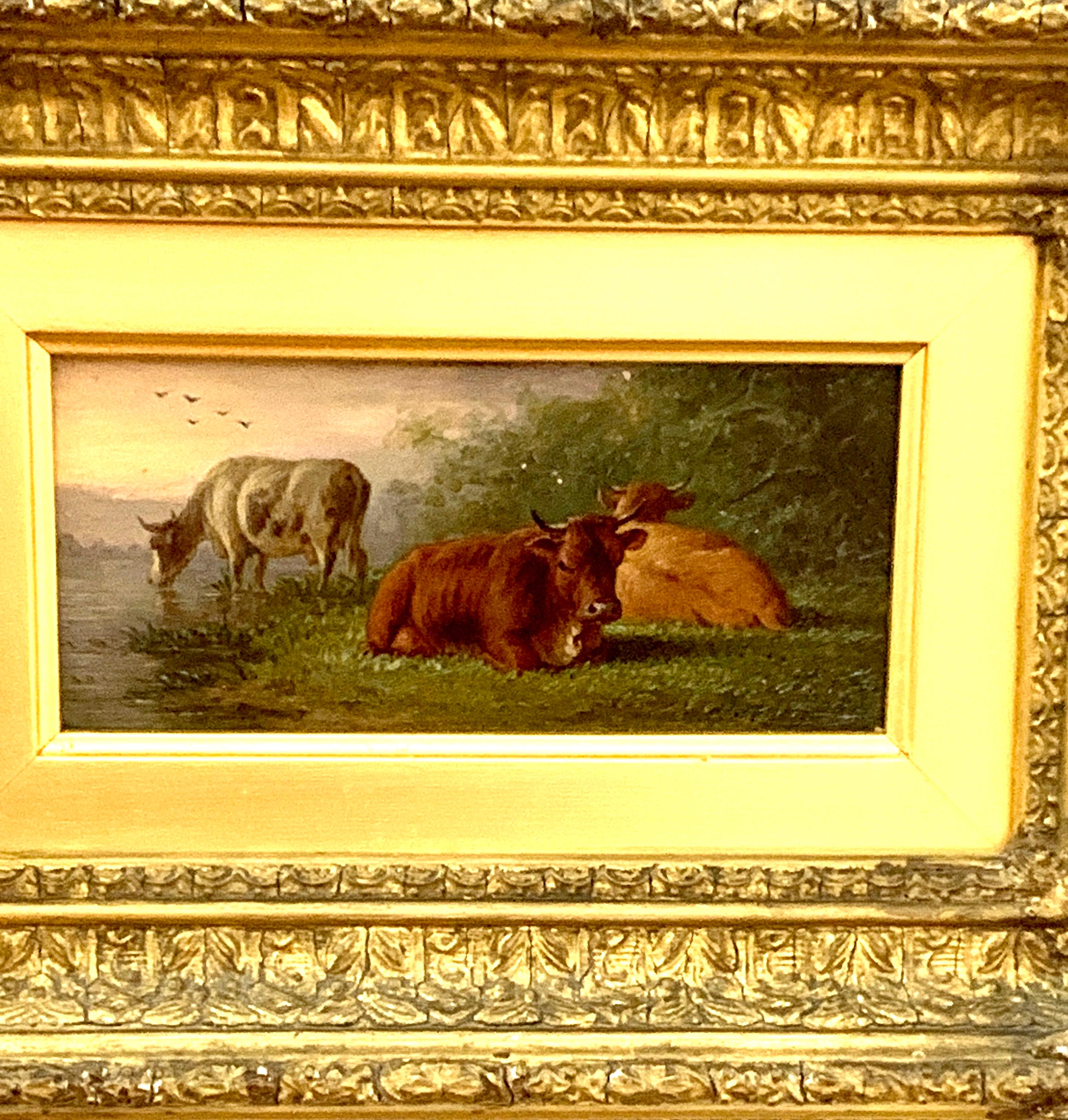 19th century Antique English Farm scene with cows resting in a landscape - Painting by Henry Charles Bryant