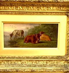 19th century Antique English Farm scene with cows resting in a landscape