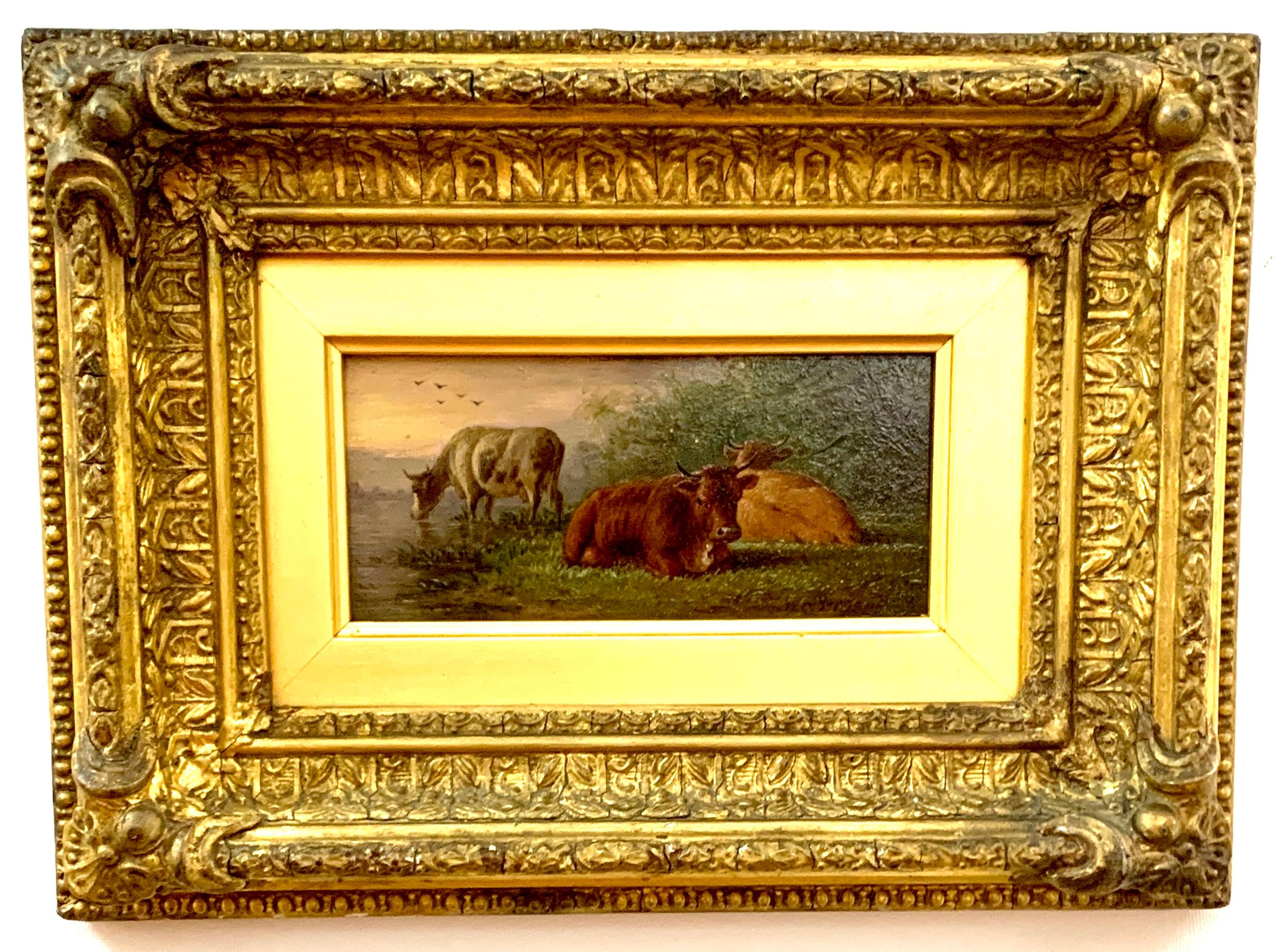 Henry Charles Bryant Animal Painting - 19th century Antique English Farm scene with cows resting in a landscape