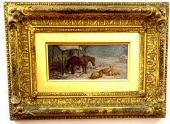 19th century Antique English Farm scene with horses and sheep in winter snow.