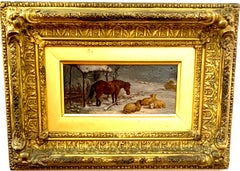 19th century Antique English Farm scene with horses and sheep in winter snow.