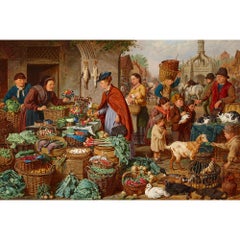 Pintura al óleo del siglo XIX de una escena de mercado por H. C. Bryant