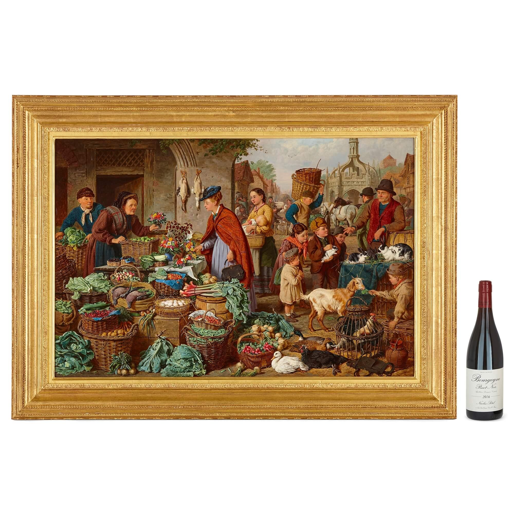 19th century oil painting of a market scene by H. C. Bryant 
English, 1877
Canvas: Height 51cm, width 76.5cm
Frame: Height 68cm, width 93.5cm, depth 5cm

Painted by the English artist Henry Charles Bryant, this lively scene is typical of Bryant’s