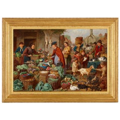 Antique 19th Century Oil Painting of a Market Scene by H. C. Bryant 