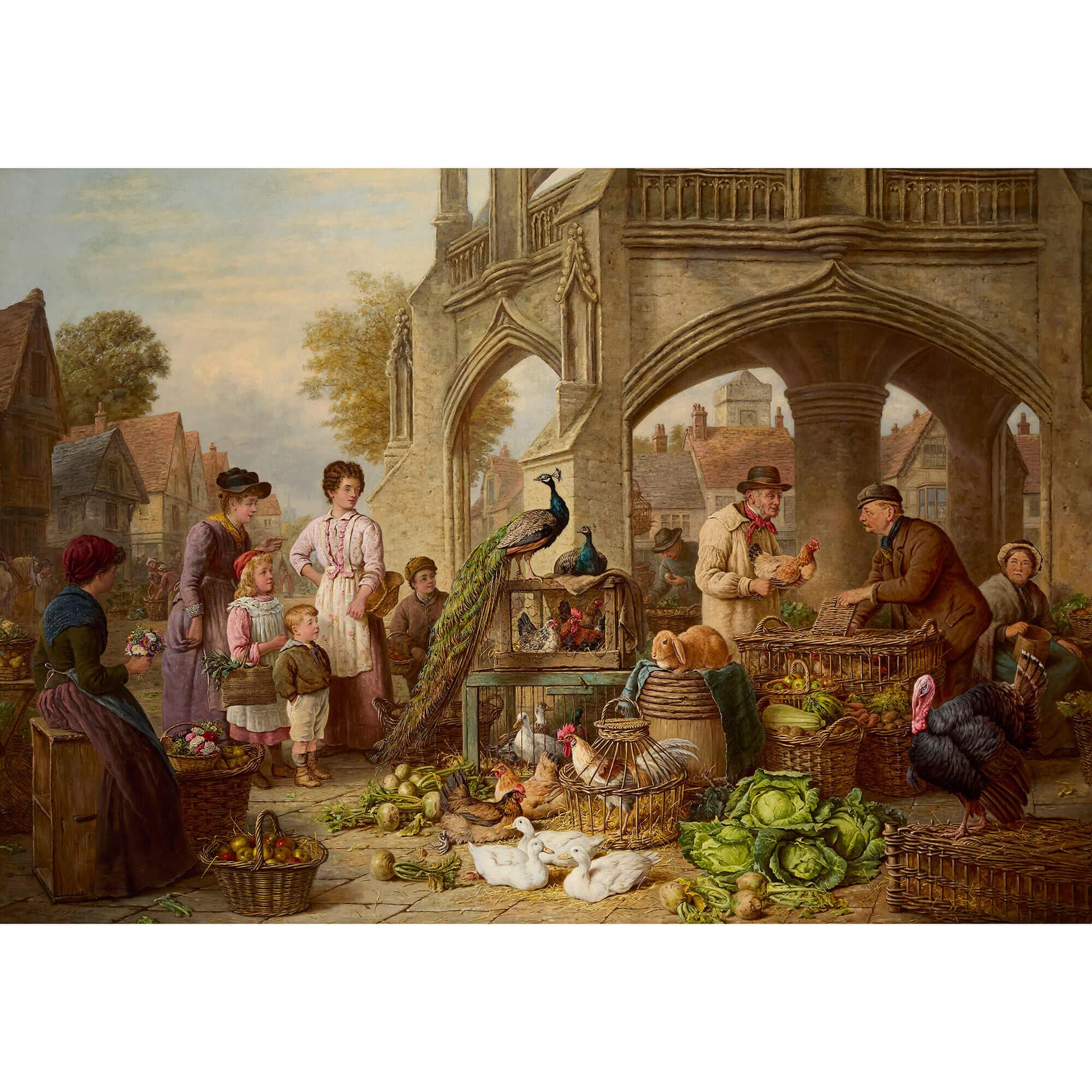 Large Oil Painting English Chichester Cross Market Scene Henry Charles Bryant For Sale 1