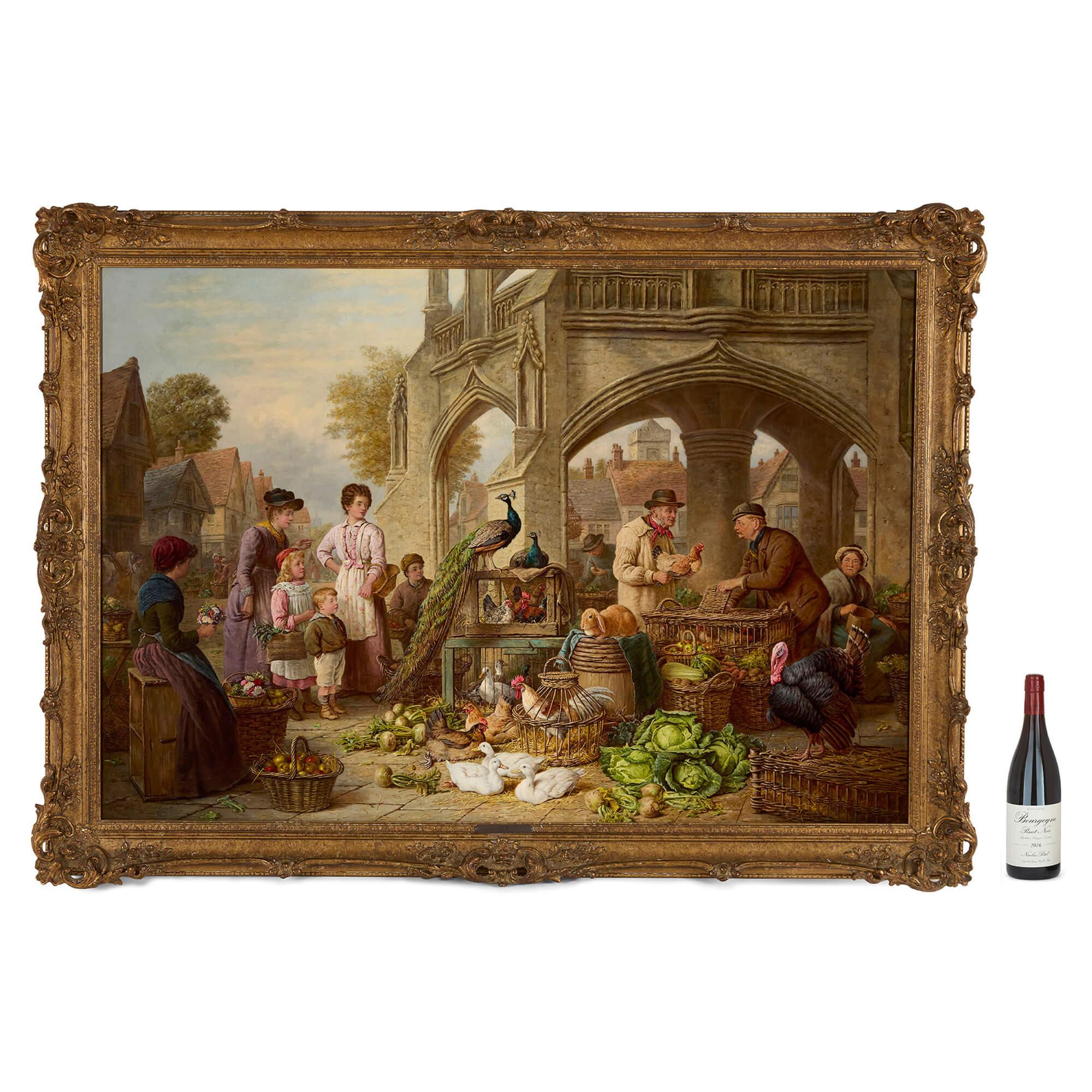 Large Oil Painting English Chichester Cross Market Scene Henry Charles Bryant For Sale 6