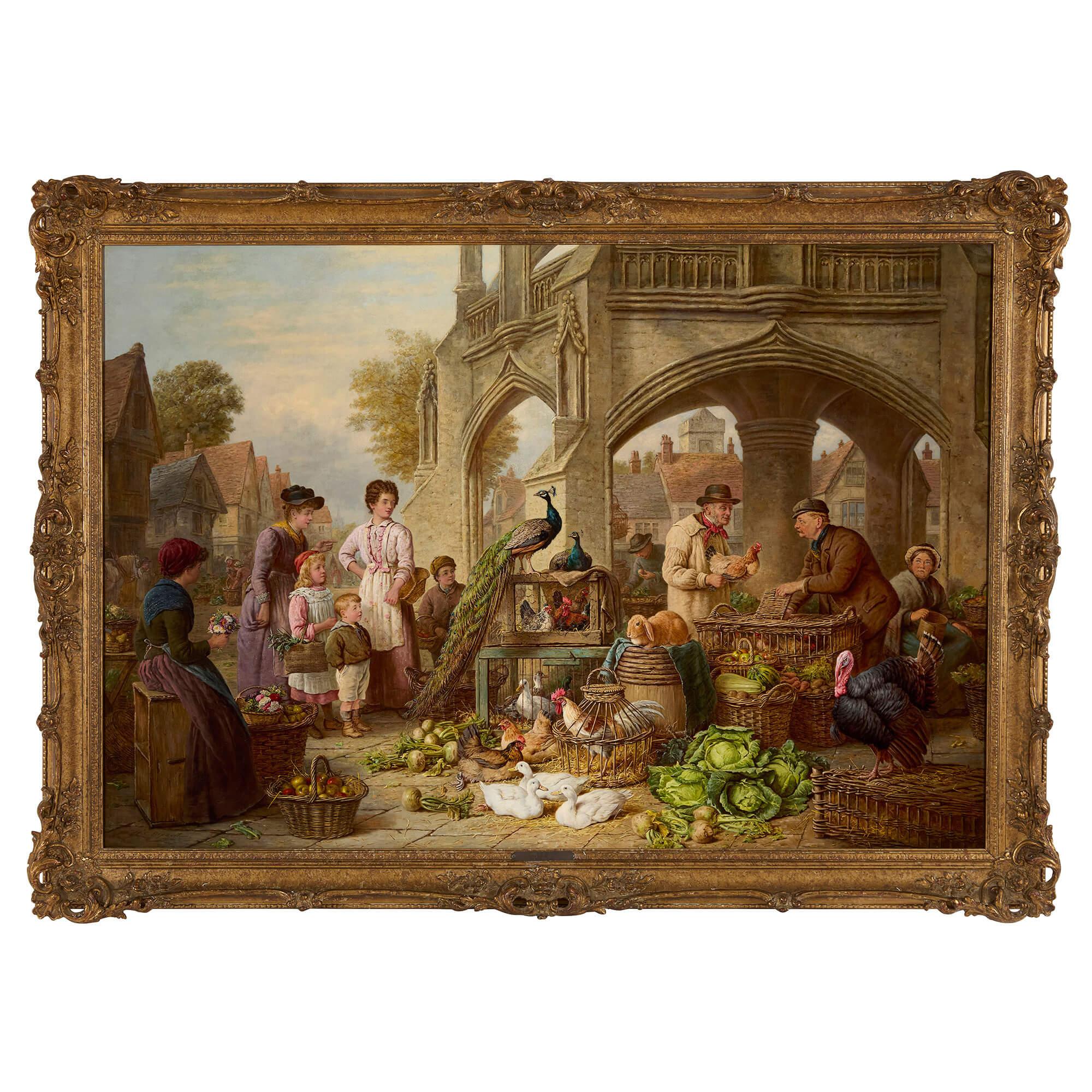 Very Large Oil Painting English Chichester Cross Market Scene Henry Charles Bryant 
English, Late 19th Century 
Canvas: Height 88cm, width 128cm
Frame: Height 104cm, width 144cm, depth 7cm

This stunning oil painting is by Henry Charles Bryant, a