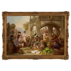 Antique Large Oil Painting English Chichester Cross Market Scene Henry Charles Bryant