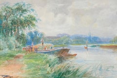Antique English Riverside Hay Barges Figures Impressionist Watercolor Landscape
