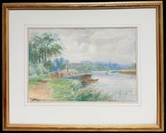Antique English Riverside Hay Barges Figures Impressionist Watercolor Landscape