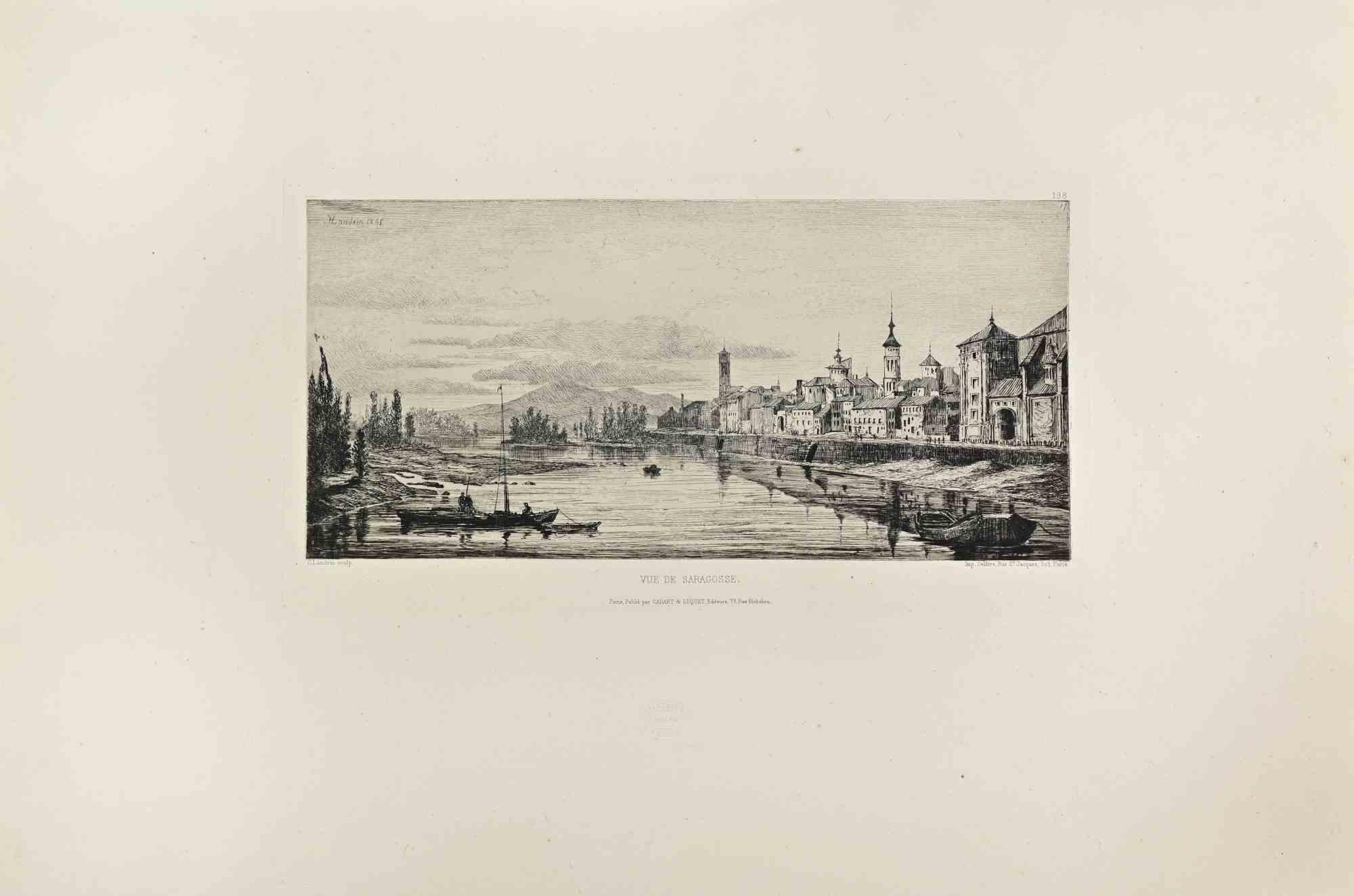 Vue de Saragosse is a black and White etching realized by Henry Charles Landrin in the 1860s. 

Titled in the lower.

Image size: 17x32.

Very good impression with wide margins and a very fresh inking.

Realized for the "Société des Aquafortistes.