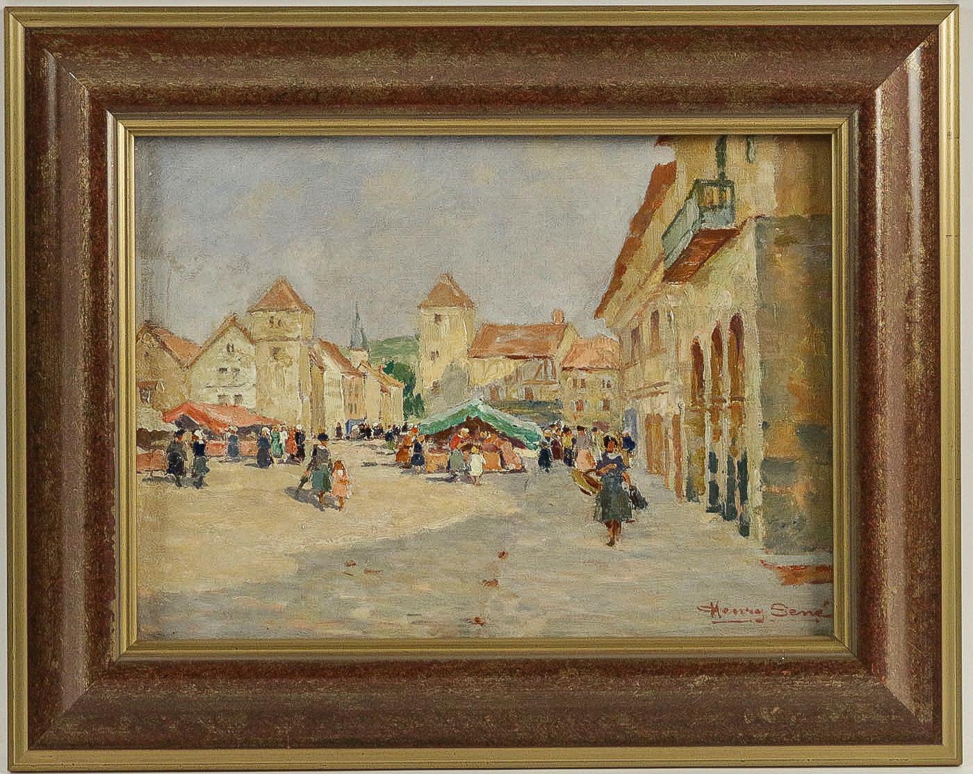 Henry Charles Séné, oil on canvas, Brittany market scene, circa 1920.

A charming, and ornamental oil on canvas, depicting a French Market scene, indeed in Brittany.
Our painting signed on a lower right, Henry Séné, early 20th century beautiful