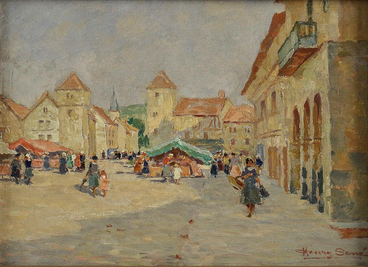French Henry Charles Séné, Oil on Canvas, Brittany Market Scene, circa 1920 For Sale