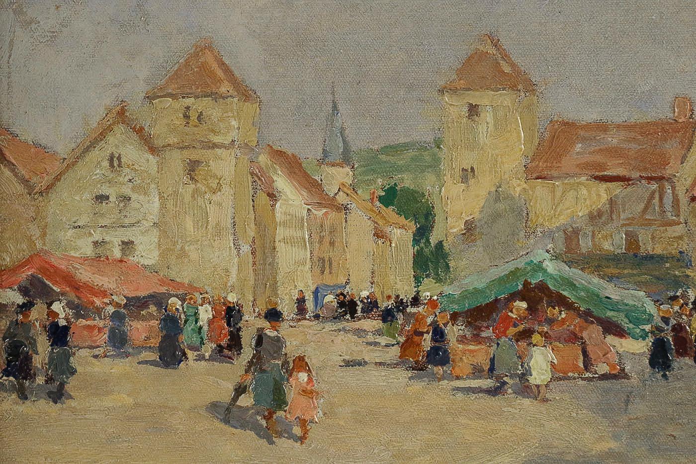 Painted Henry Charles Séné, Oil on Canvas, Brittany Market Scene, circa 1920 For Sale
