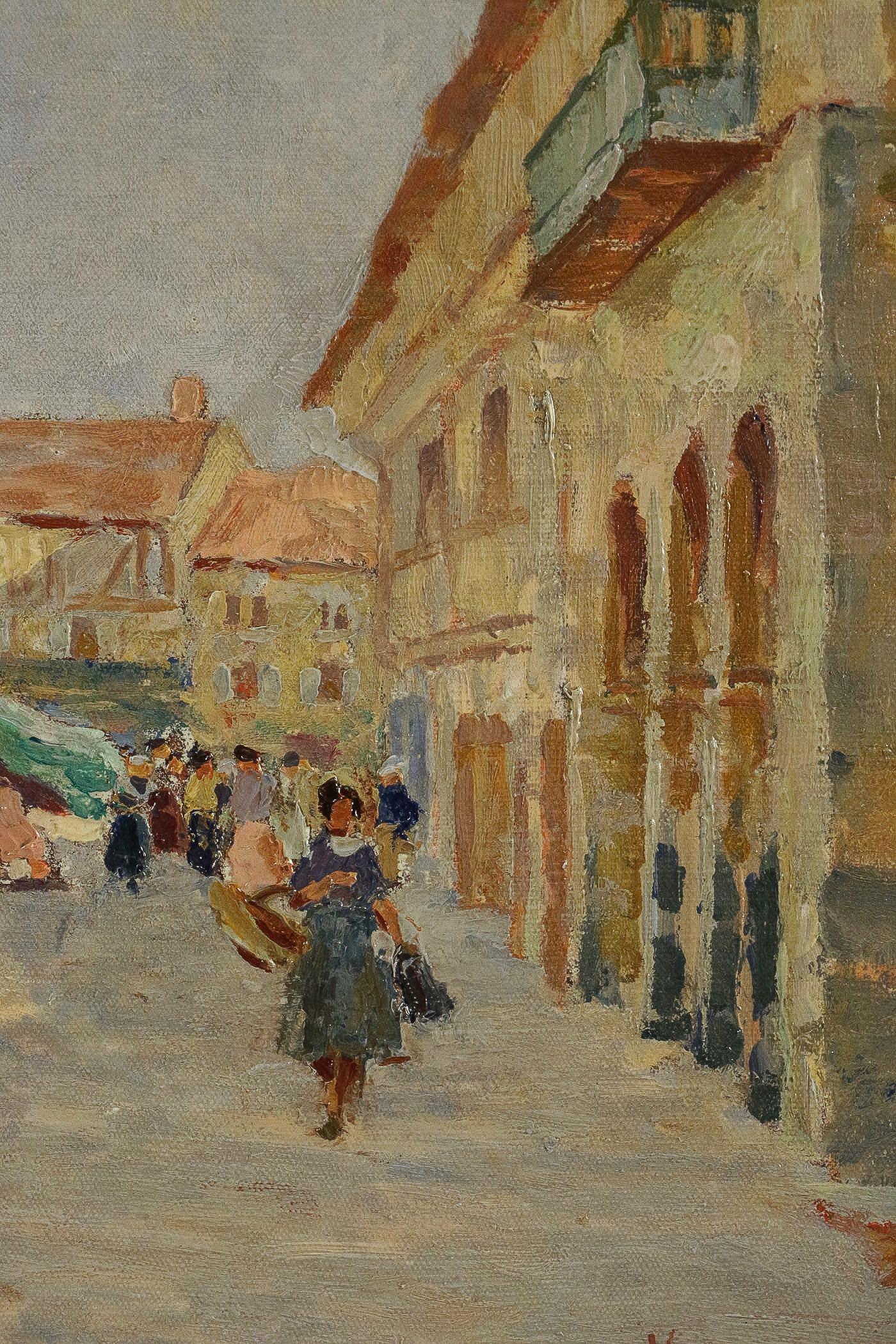 20th Century Henry Charles Séné, Oil on Canvas, Brittany Market Scene, circa 1920 For Sale