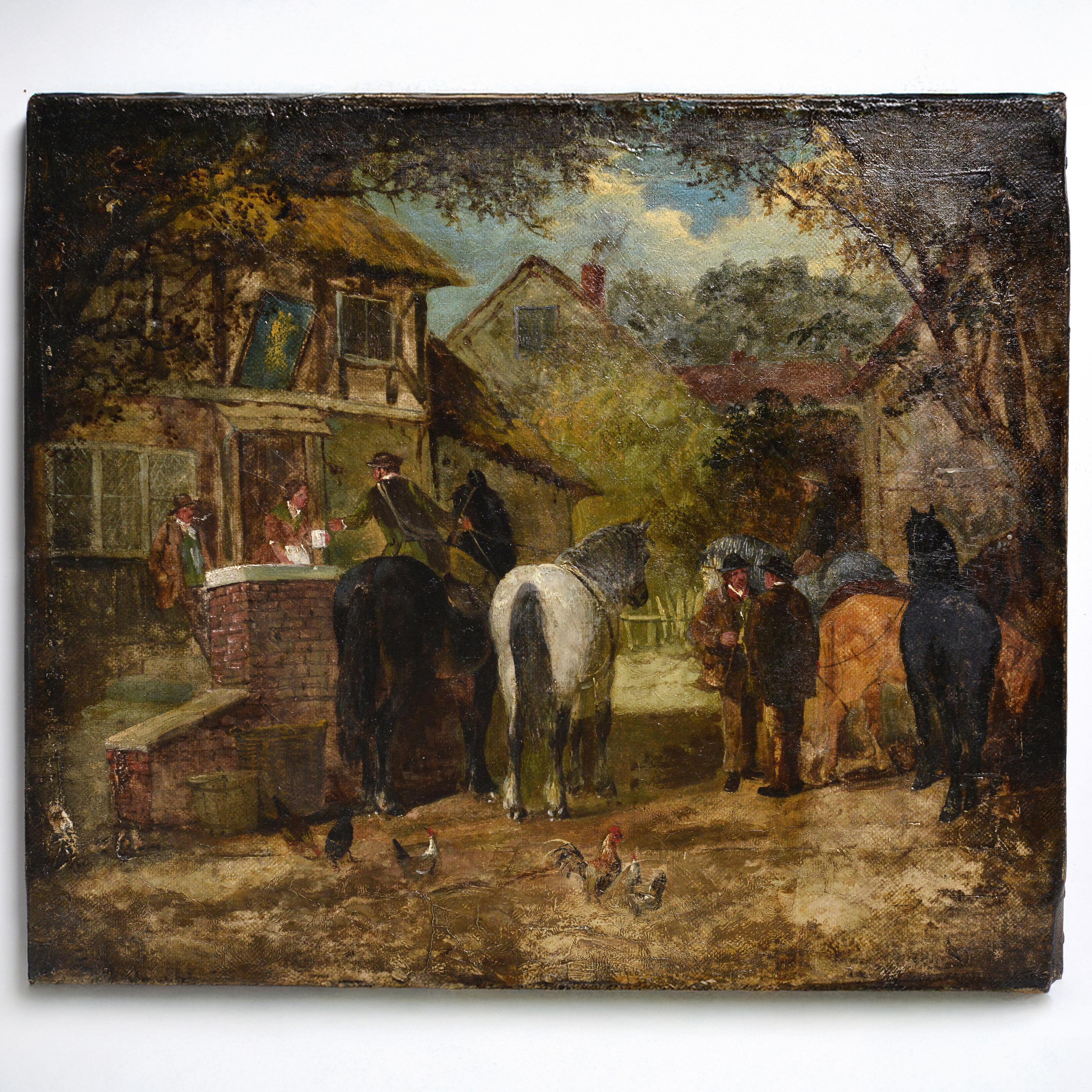 19. Jahrhundert Viktorianisches britisches Ölgemälde Genreszene Straßenrand Gasthaus Hampshire – Painting von Henry Charles Woollett