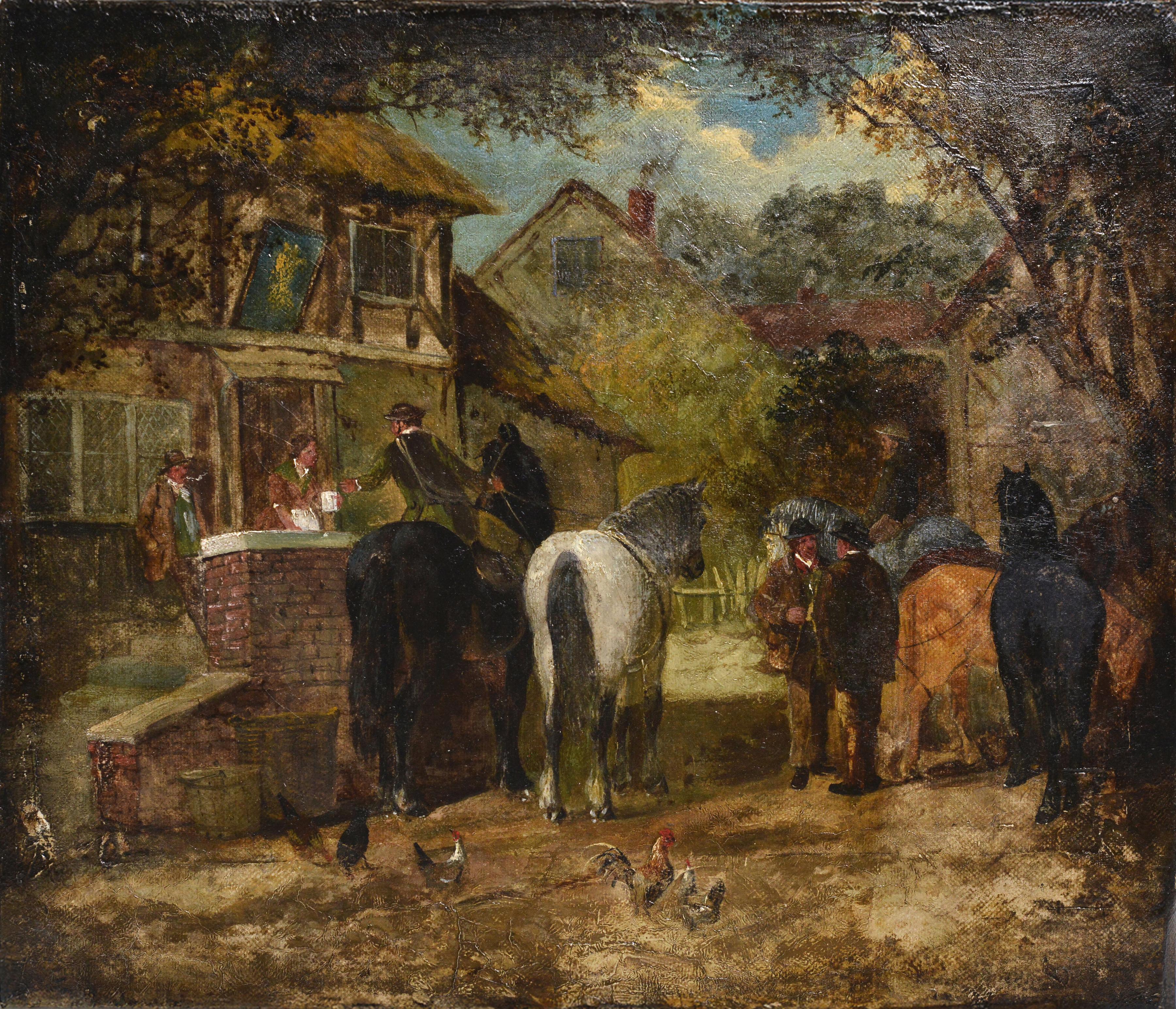 Henry Charles Woollett Animal Painting – 19. Jahrhundert Viktorianisches britisches Ölgemälde Genreszene Straßenrand Gasthaus Hampshire