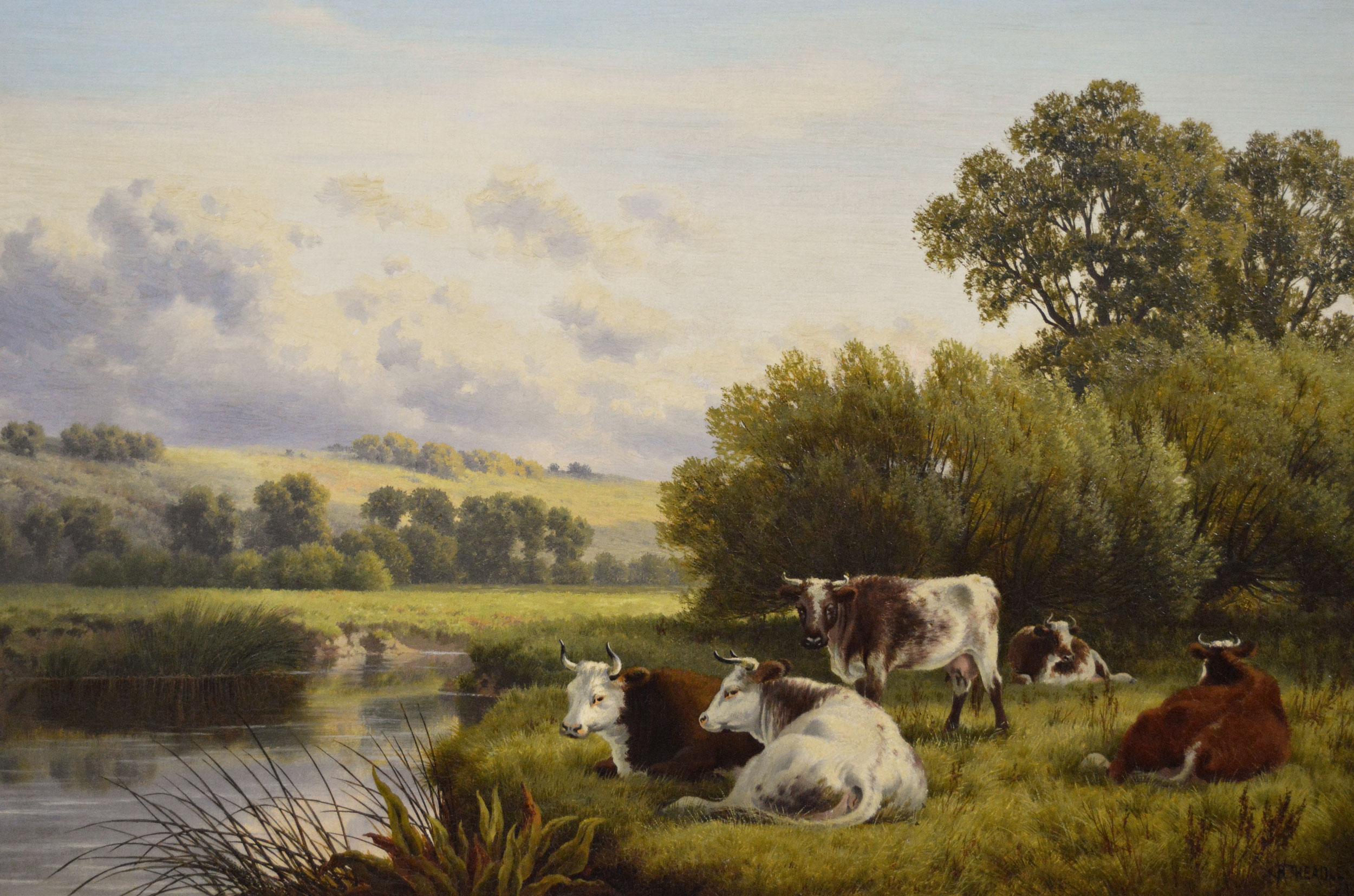 19th Century landscape animal oil painting of cattle at a river - Painting by Henry Cheadle