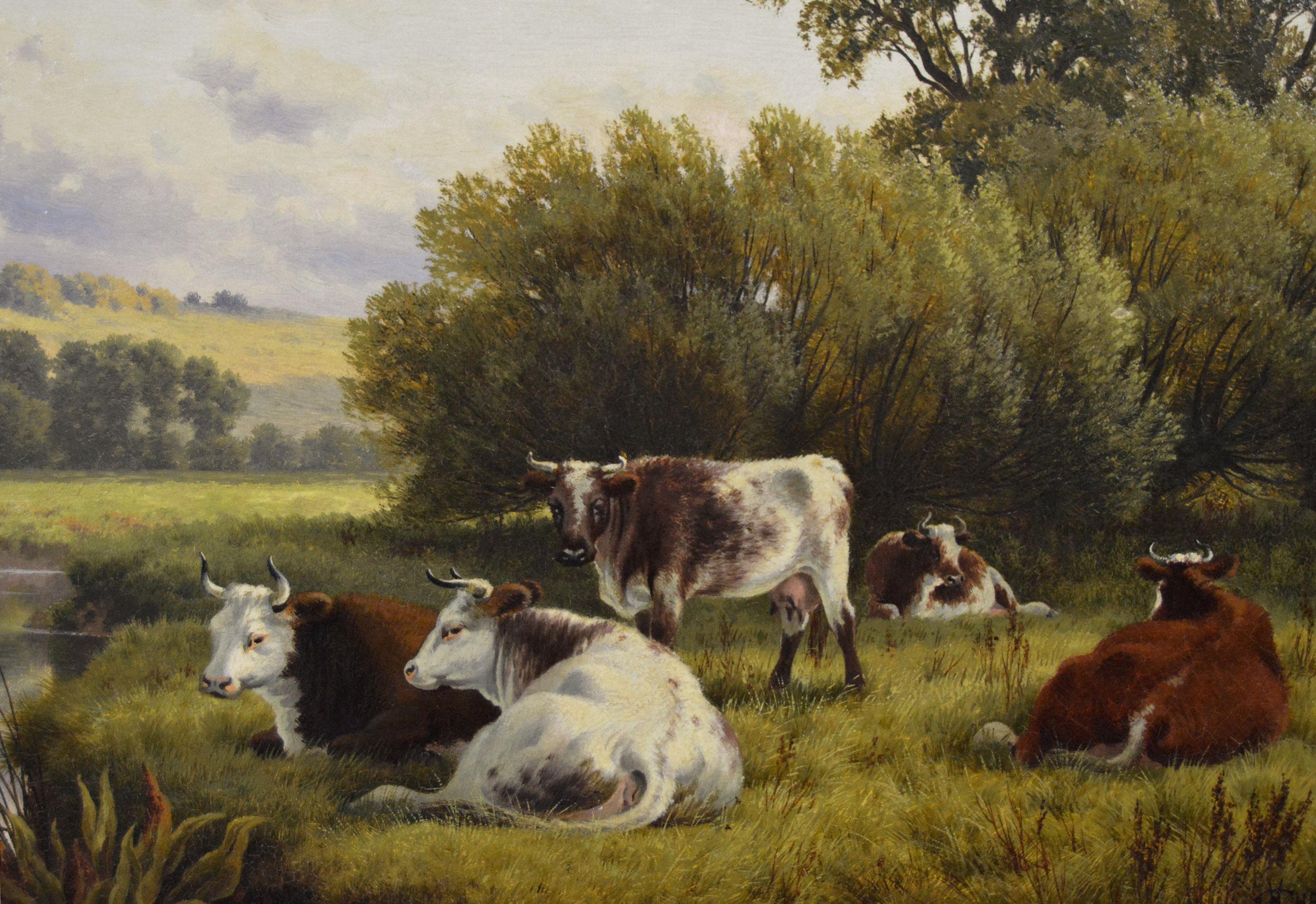 19th Century landscape animal oil painting of cattle at a river - Brown Landscape Painting by Henry Cheadle