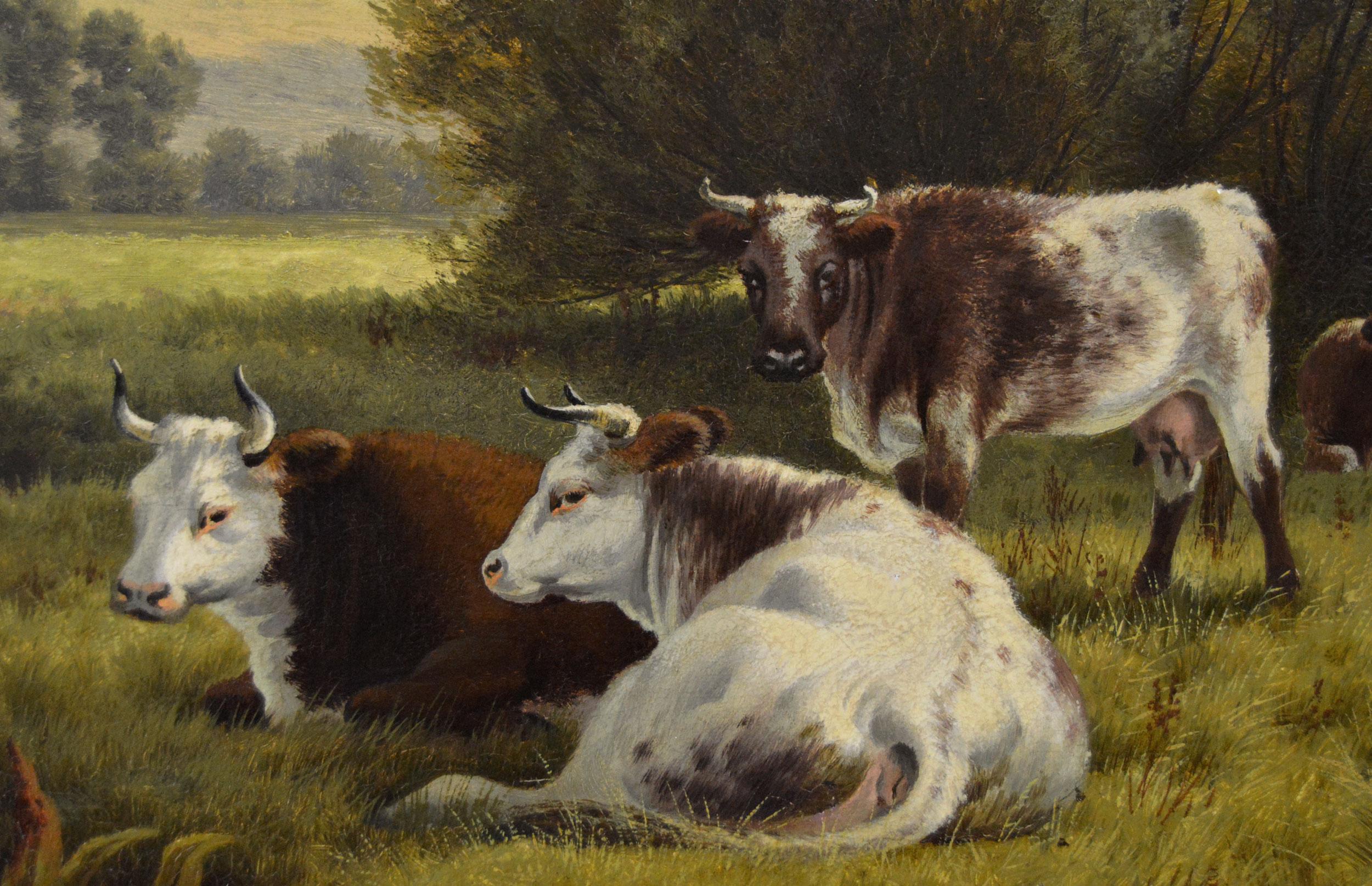 Henry Cheadle
British, (1852-1931)
Cattle Resting
Oil on canvas, signed & dated (18)84
Image size: 19.25 inches x 29.25 inches 
Size including frame: 26.75 inches x 36.75 inches

A well-executed landscape painting of cattle at a river by Henry