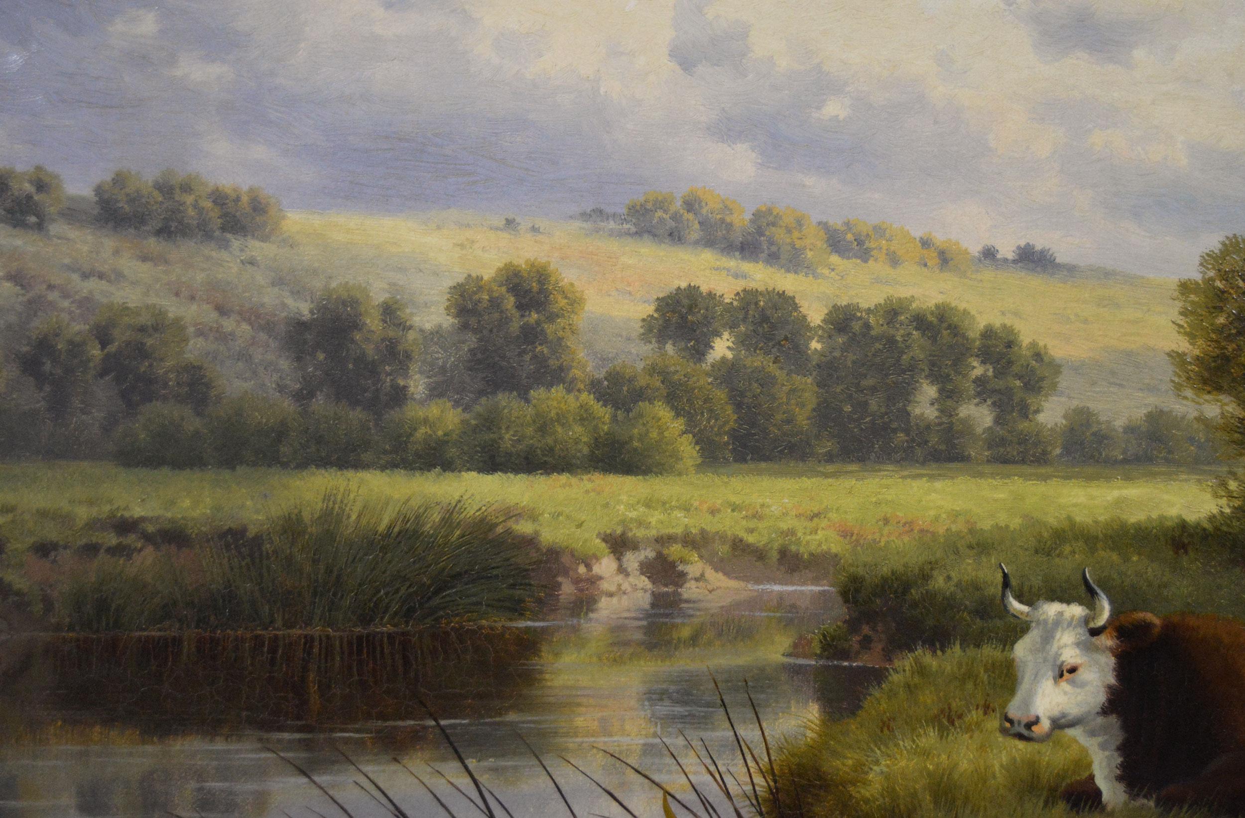 19th Century landscape animal oil painting of cattle at a river For Sale 1