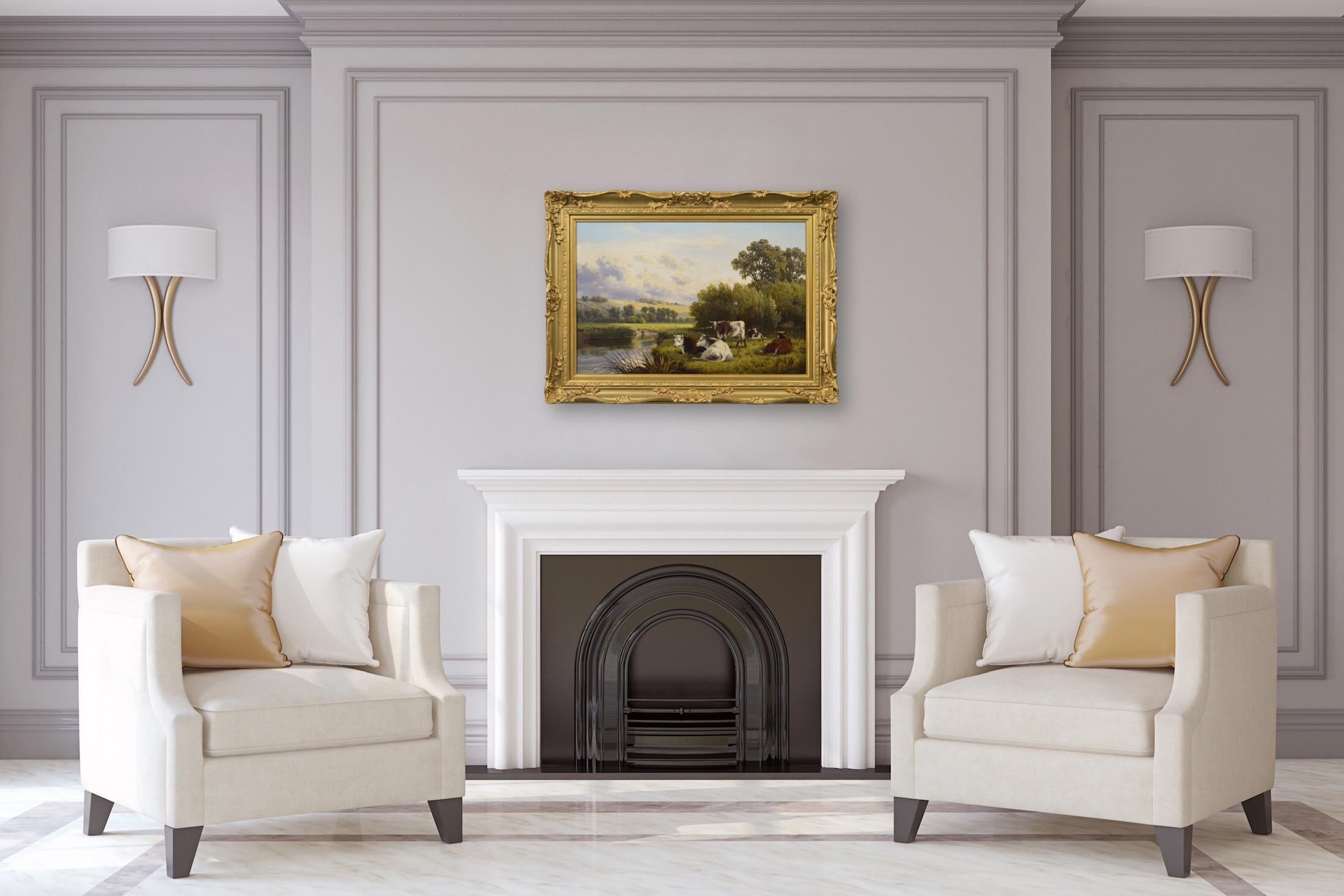 19th Century landscape animal oil painting of cattle at a river For Sale 4