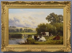 19th Century landscape animal oil painting of cattle at a river