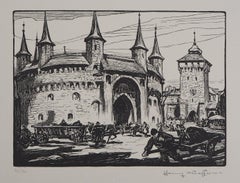 Antique Poland, Krakow Castle - Original wooodcut, Handsigned & Numbered