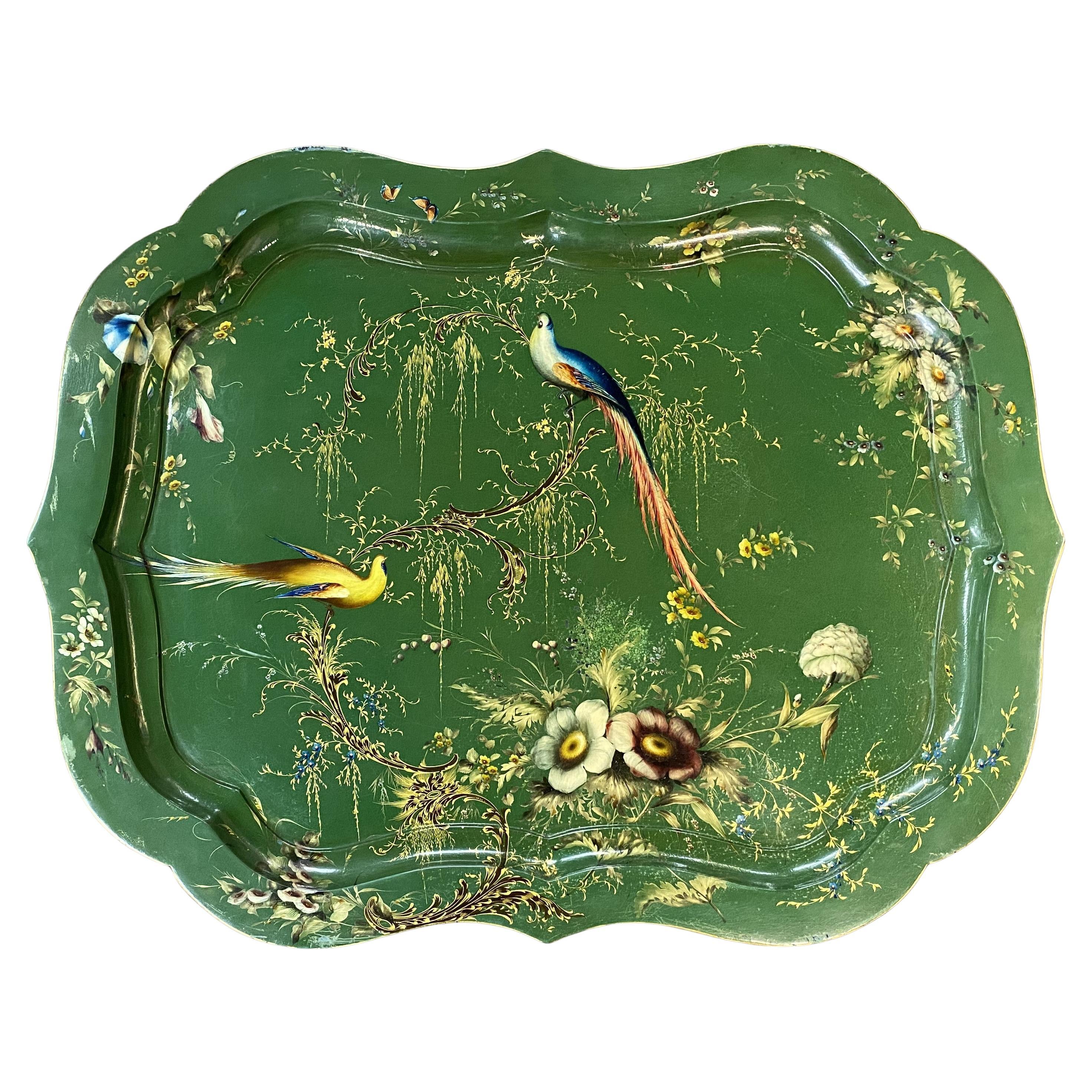 Henry Clay Bandeja inglesa de papel maché pintada a mano con pájaros y follaje c 1820