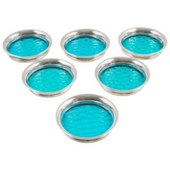 Henry Clifford Davis Barware Sterling Silver & Blue Glass Coaster, Set of Six